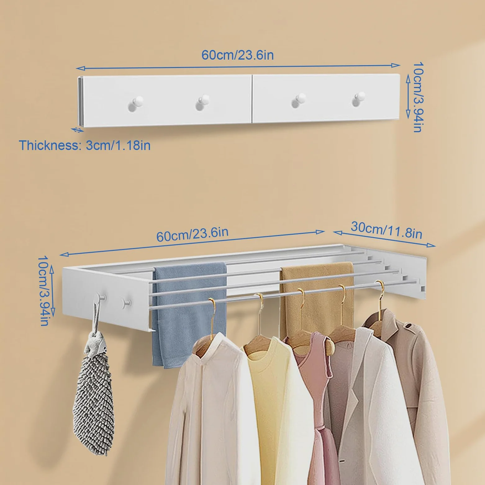 Stendibiancheria da parete, 60 cm, pieghevole, in acciaio al carbonio, resistente, con 4 ganci, capacità di carico 25 kg, per interni ed esterni (60 cm)
