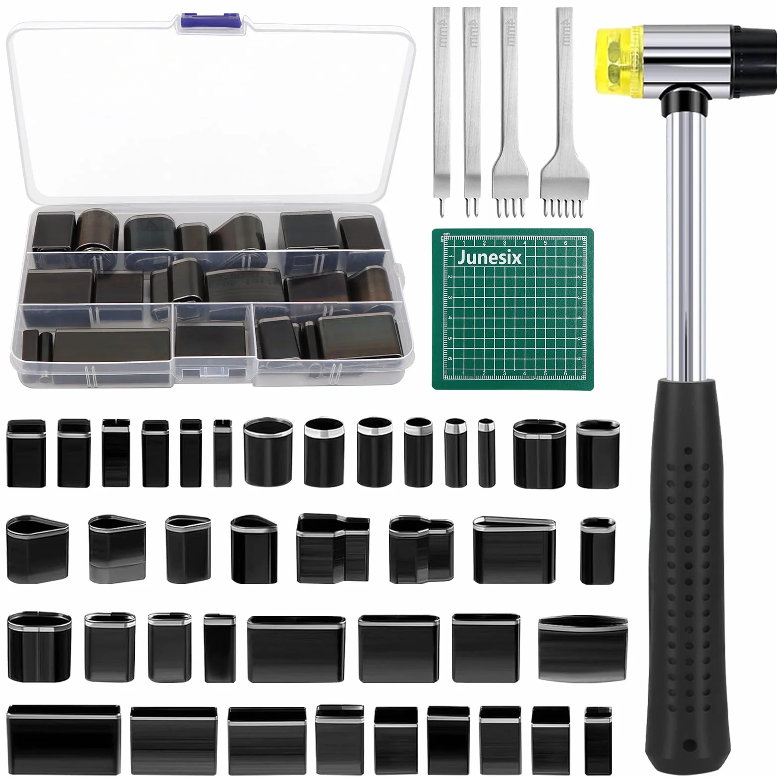 45 Pezzi Set Strumenti Punzonatura Cuoio, 39 Punzonatura Creusa, 4 a Spaziatura (5mm), 1 Martello, 1 Cuscinetto, adatto artigianato cuoio