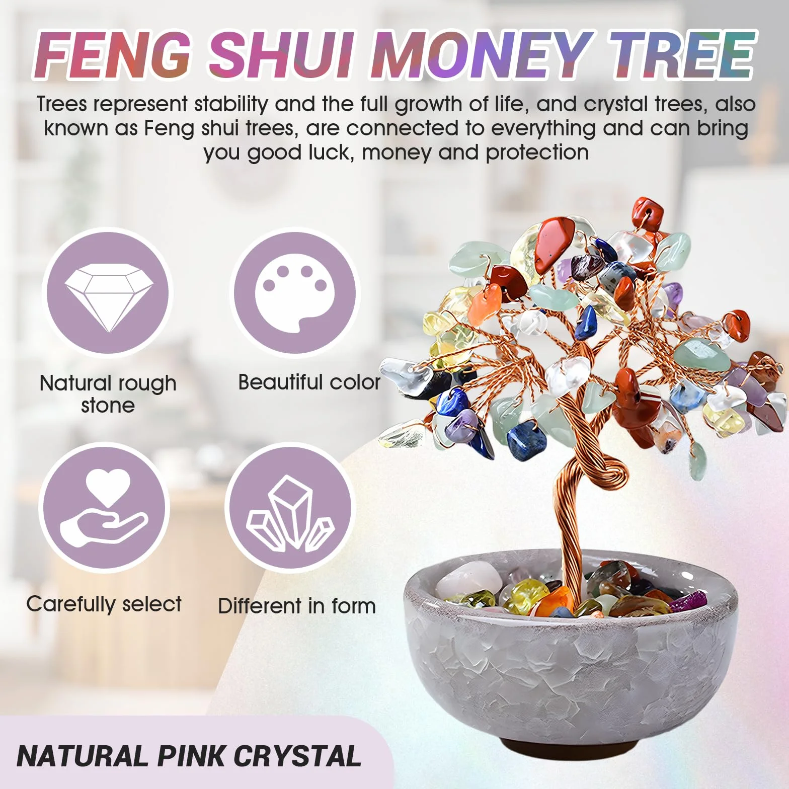 Quarzo Rosa Albero della Vita Pietre Chakra Soprammobile Portafortuna Feng Shui Cristalli Meditazione Reiki Decorazione Casa