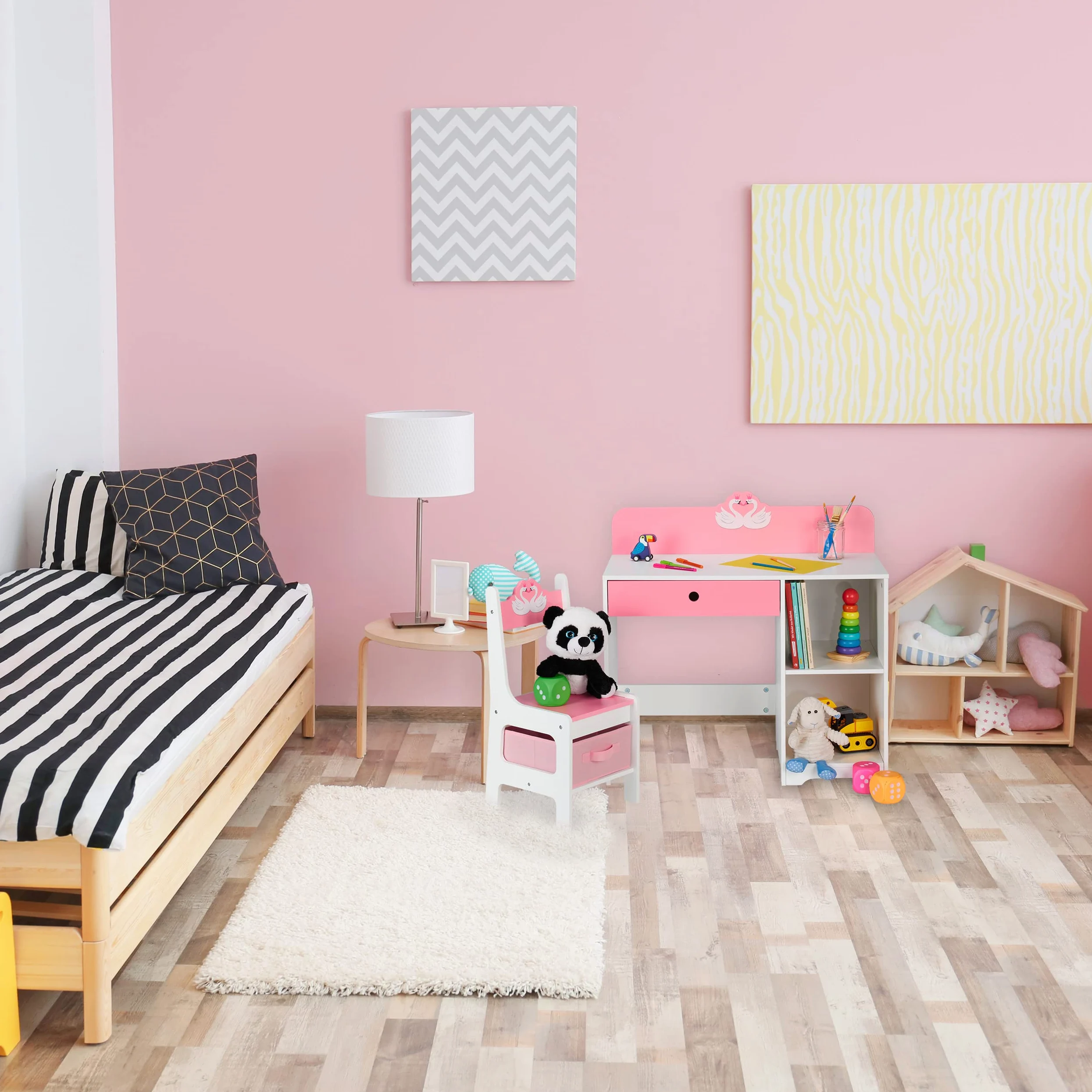 Relaxdays Scrivania e Sedia per Bambini, con Cassetto e 2 Ripiani Aperti, in MDF, Design Cigni Innamorati, Bianco Rosa