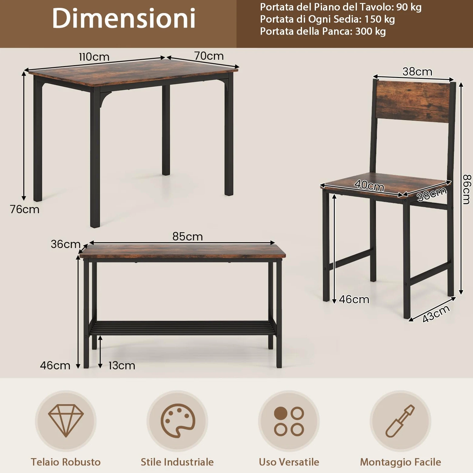 RELAX4LIFE Set Tavolo e Sedie da Cucina con Tavolo da P ranzo, Panca e 2 Sedie, 4 Posti, in Design Industriale gruppo sedute con Ripiano in MDF e Struttura in Metallo (marrone rustico)