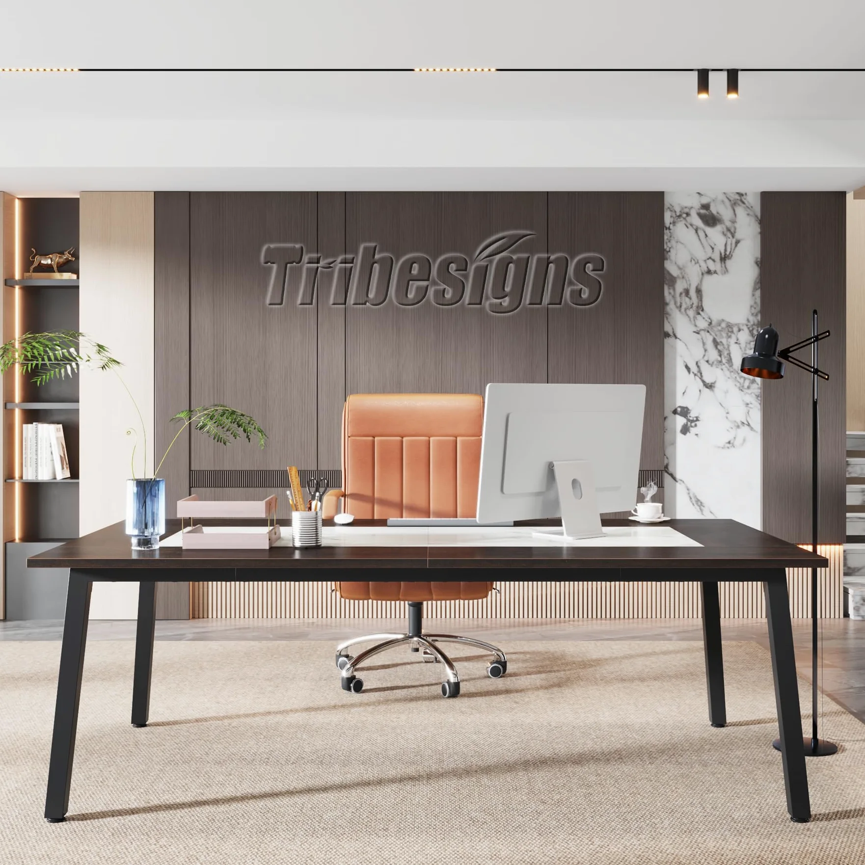 Tribesigns Large Conference Table Grande Tavolo da conferenze, Legno Ingegneria Metallo, Acero caffè + Calacatta Bianco + Nero, L