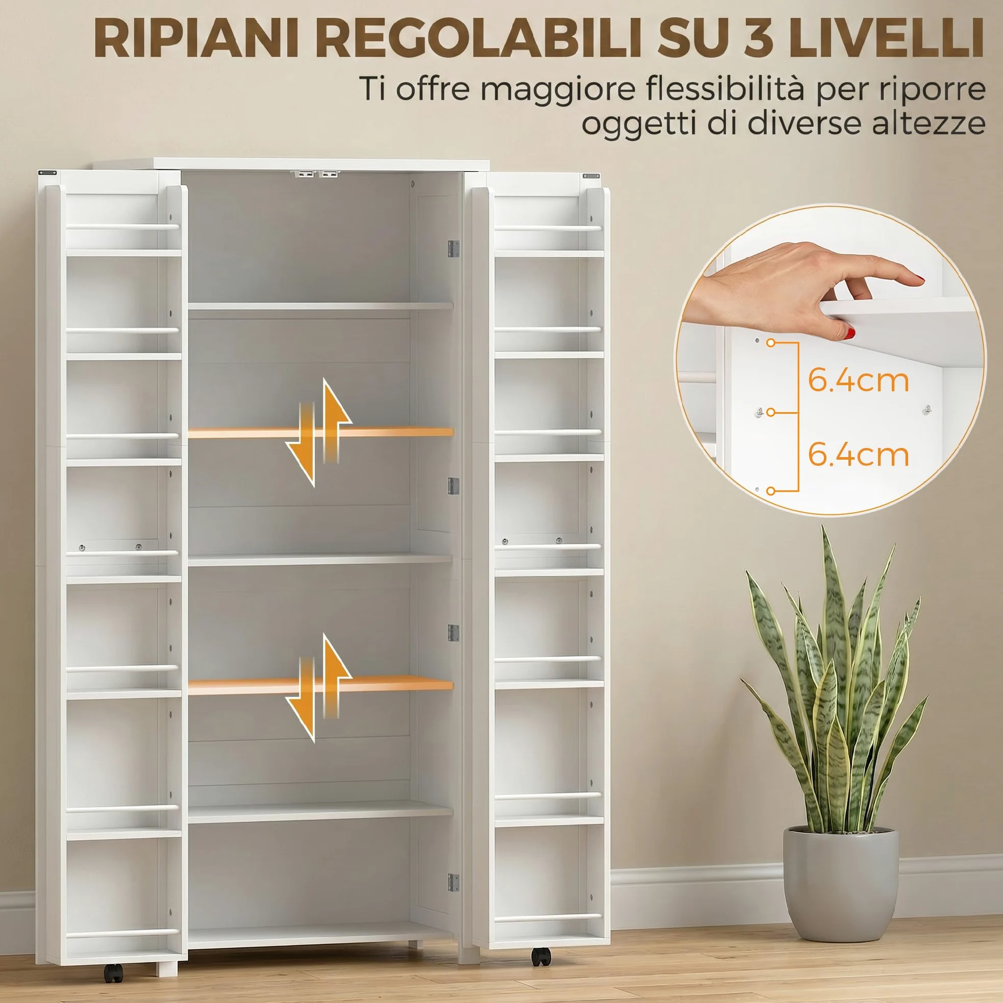 HOMCOM Credenza Cucina Alta 180cm, Mobile Dispensa con Ruote, Doppie Ante, 6 Ripiani, 14 Scomparti Portaspezie sulla Porta, Ripiani Regolabili, Mobile Cucina per Sala da Pranzo Soggiorno, Bianco