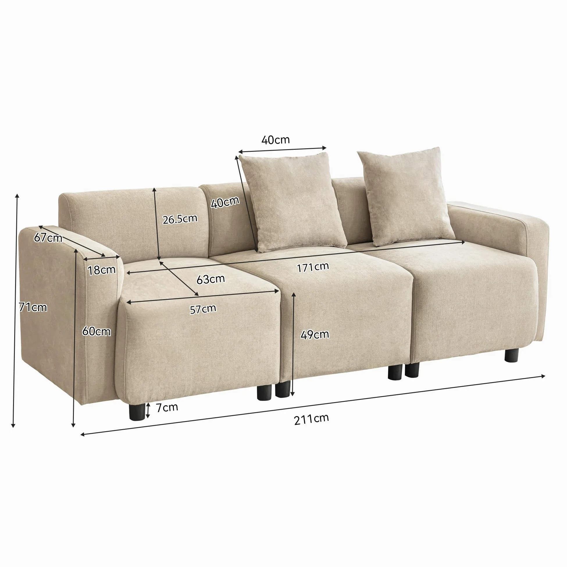 Divano a 3 posti, design moderno, con cuscino decorativo, beige