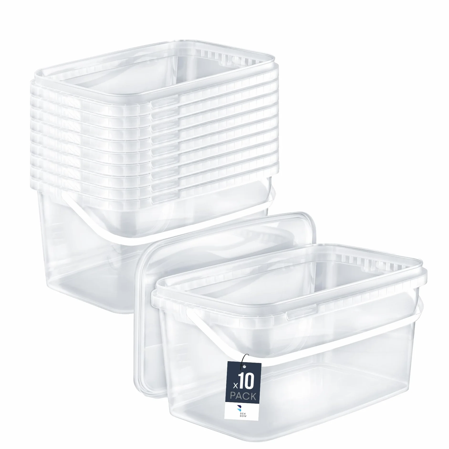BenBow Secchio rettangolare con coperchio 10x 5l trasparente - adatto al contatto con alimenti, contenitore di plastica impilabile con manico - vuoto