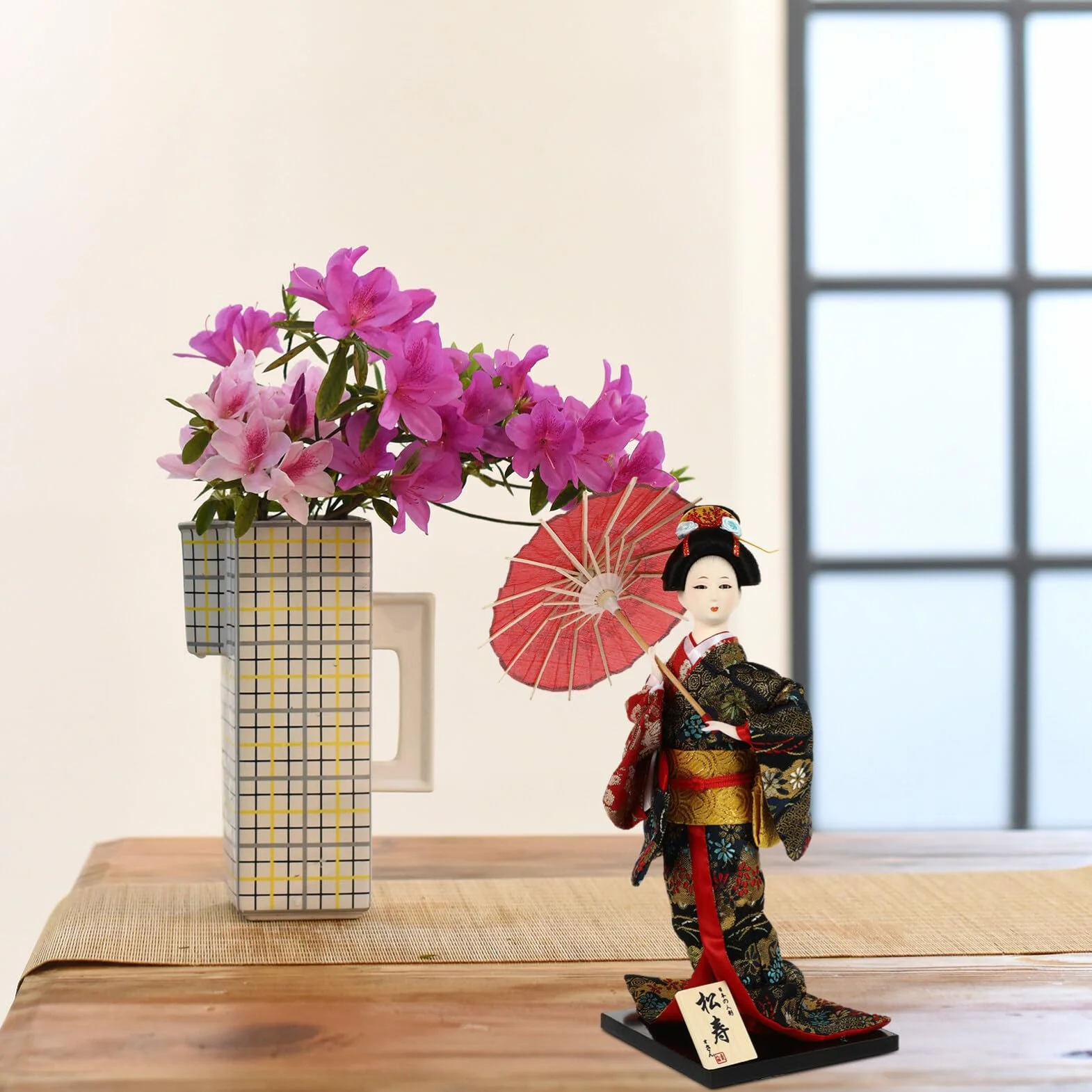 Bambola Geisha Giapponese in Legno Artigianale 12.20x4.72x4.72In Decorazione Desktop Kimono Figurina da Collezione