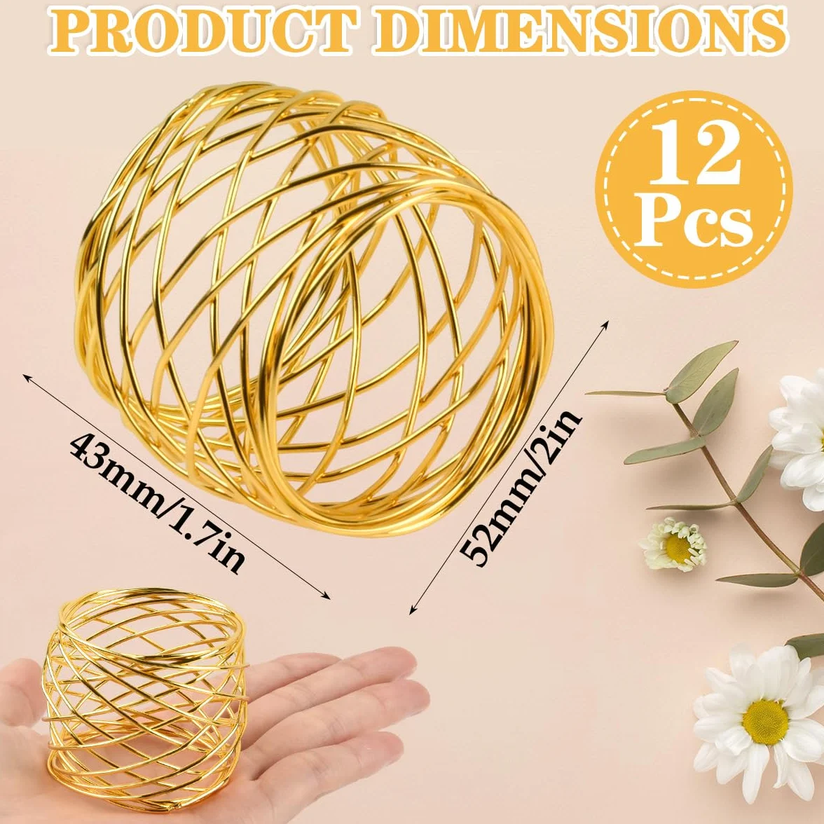 Portatovaglioli 12pcs Anelli di tovagliolo di Metallo Dorato, Anello da Tavolo 4.3 * 5.2 cm, per Matrimonio Banchetto Cena Decorazione da Tavola per Feste d'Oro (12 Pezzi)