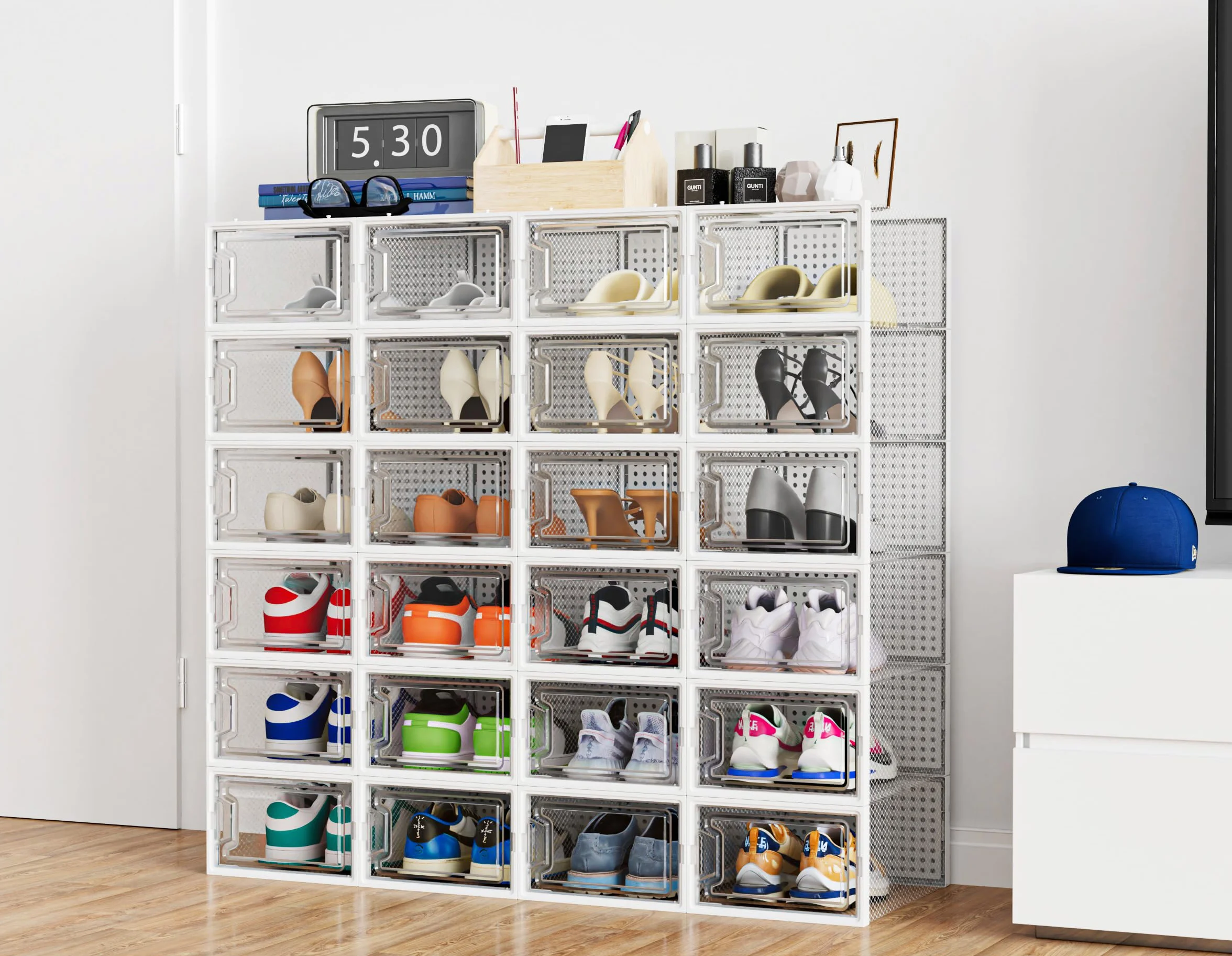 HOMIDEC Scatole per Scarpe 12 pcs Plastica Trasparenti Impilabili con Coperchi Bianco