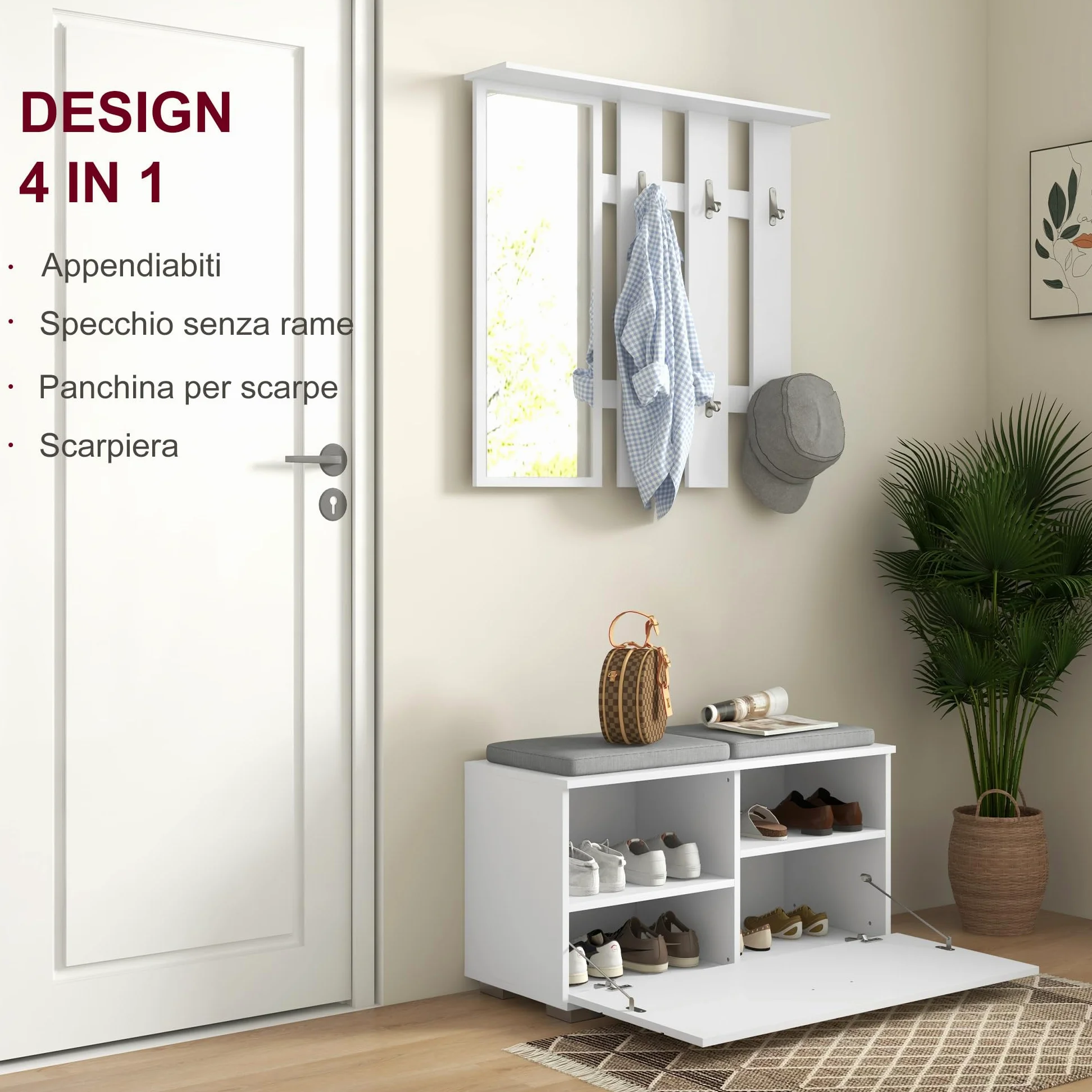 HOMCOM Set 4 in 1 Mobili da Ingresso con Appendiabiti, Specchio, Panca con Cuscini e Scarpiera per 8 Paia di Scarpe, Bianco