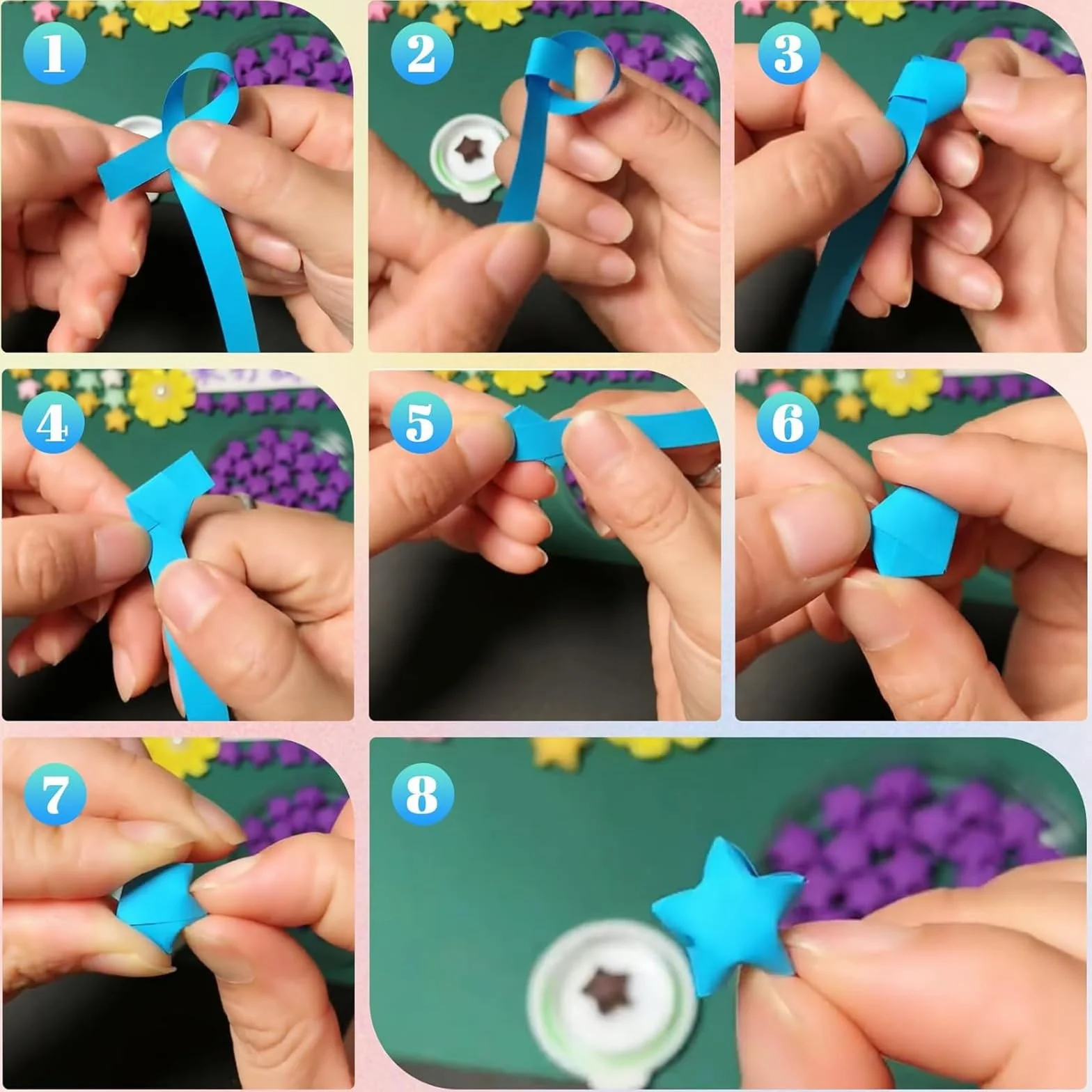 Set di 1350 strisce di carta a forma di stella, 7 costellazioni origami portafortuna blu
