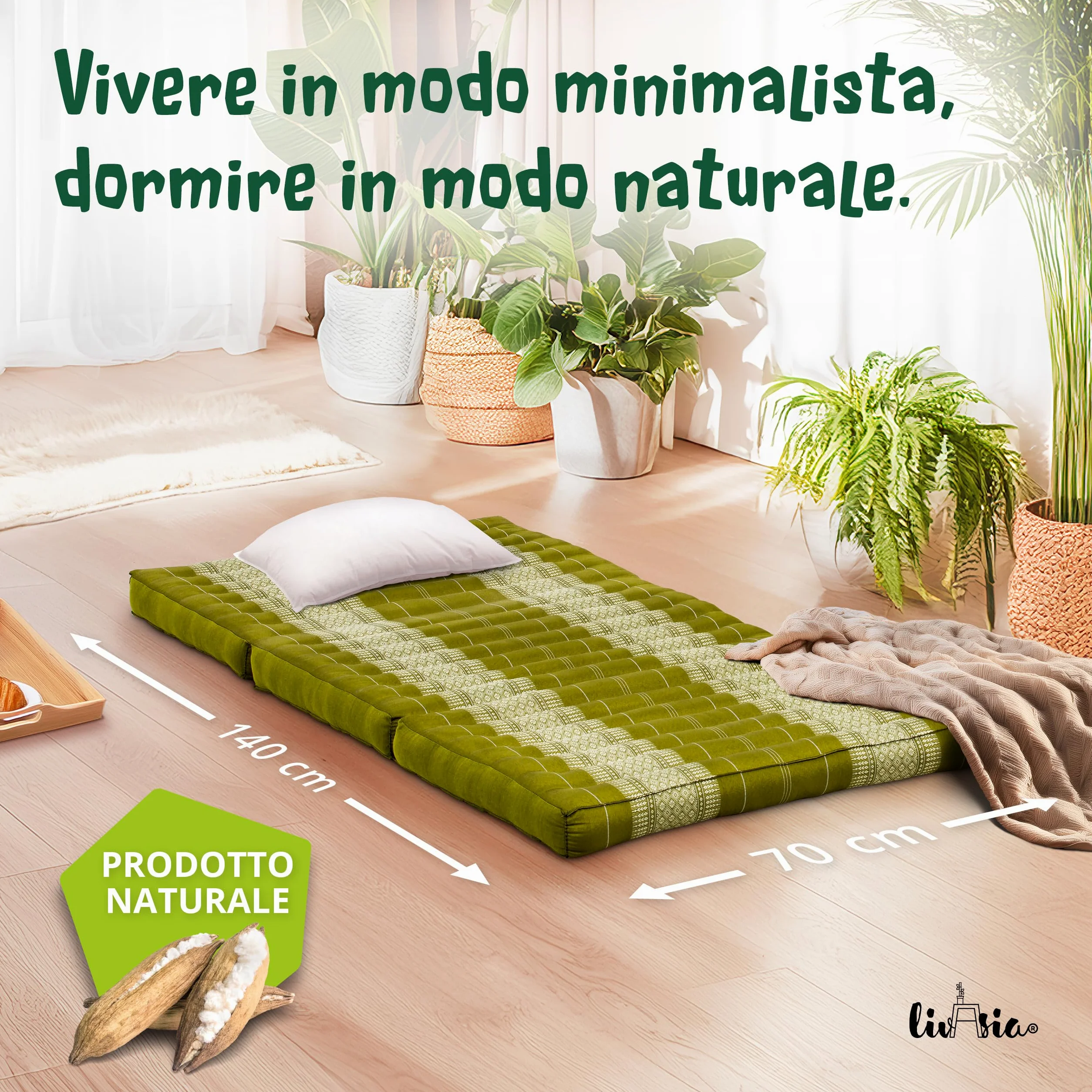 livasia materasso sostenibile in kapok - 140x70x8cm - materasso pieghevole, materassino da campeggio, tappetino yoga ecologico, lettino per giardino e balcone (Verde)