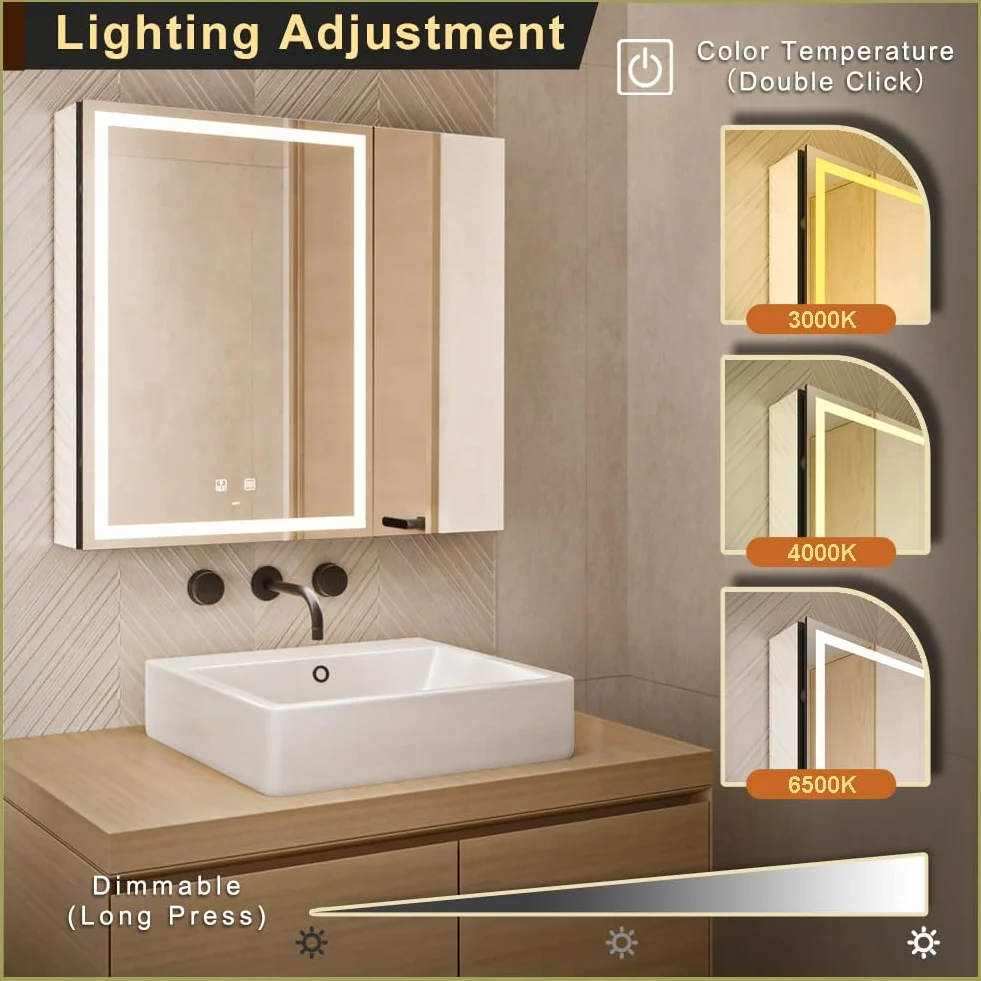 GANPE Armadietto da bagno con specchio per medicinali illuminato a LED, anti-appannamento, modalità a 3 colori, dimmerabile, mensole, prese e USB (70 x 75 cm)