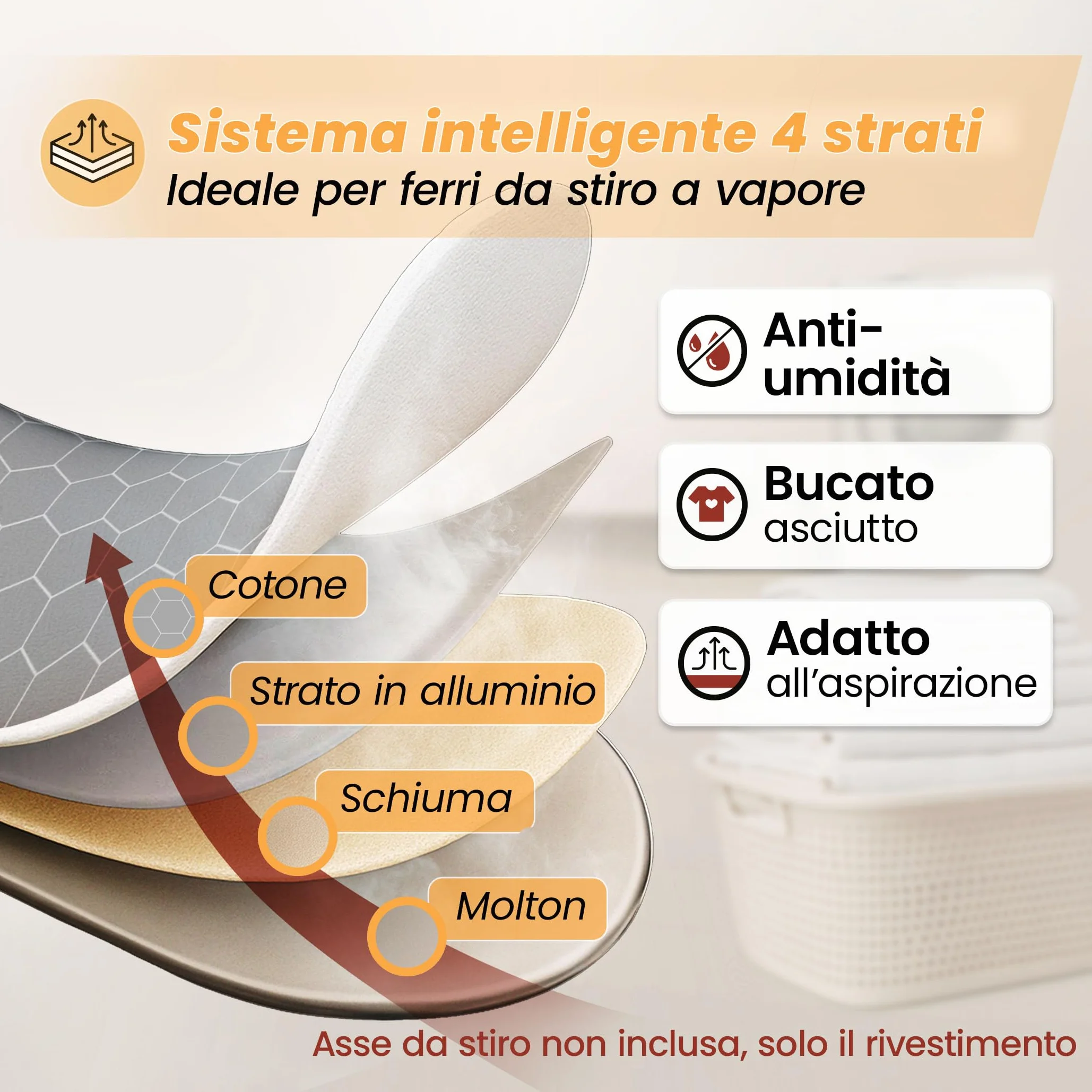 Copriasse Da Stiro Universale 130X45 CM per Ferro Da Stiro a Vapore, Copertura Asse Da Stiro Con Coulisse in Gomma, Rivestimento in Alluminio Termoriflettente, Resiste al Vapore (L) Made in Germany