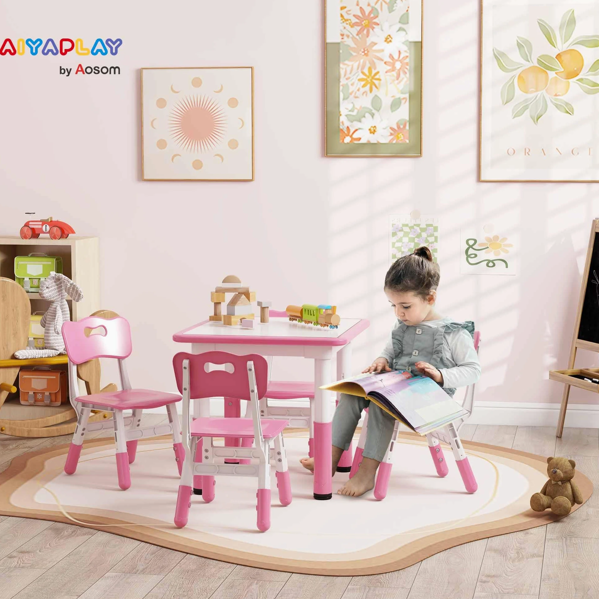 AIYAPLAY Set Tavolino e Sedie per Bambini 18-60 Mesi, Design Salvaspazio, Altezza Regolabile, Tavolo per Bambini con Lavagna per Cameretta, in Legno e PP, per 4 Bambini, Rosa