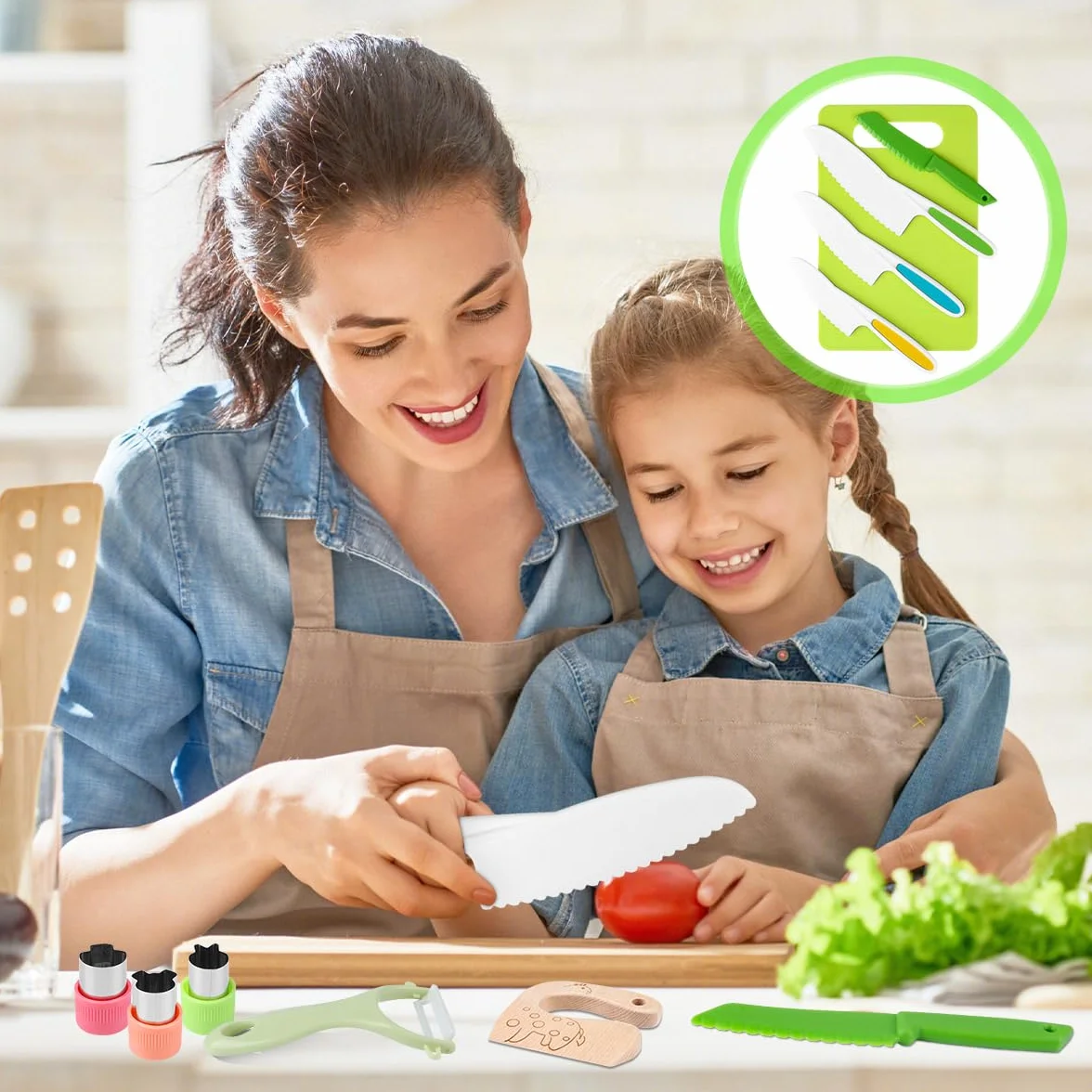 Set di 11 coltelli per bambini, coltello da cucina di sicurezza per bambini, set con formine per biscotti per verdure, coltello in legno, tagliere per bambini a partire dai 3 anni, set da cucina