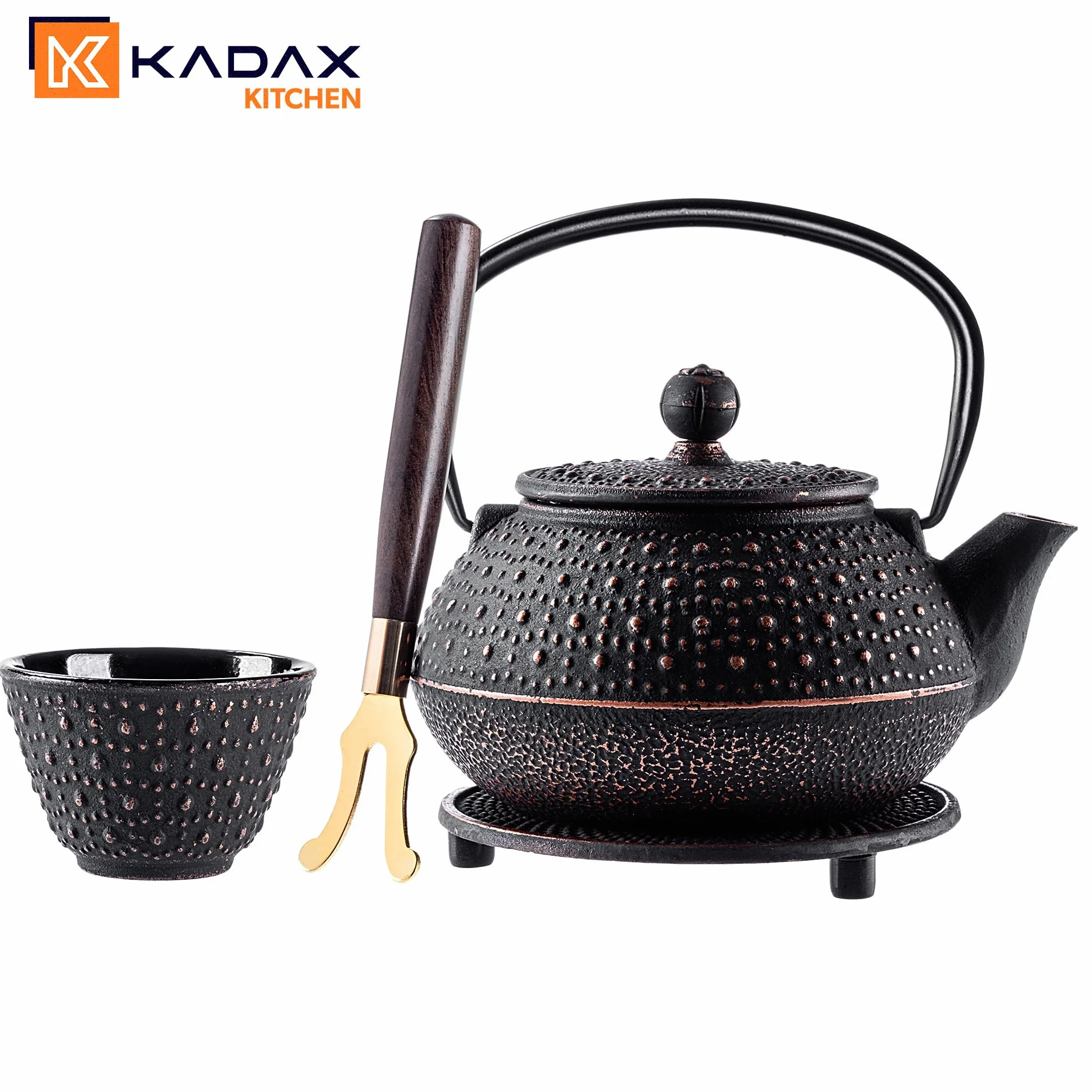 KADAX Bollitore in Ghisa con Tazze, Servizio da Tè Giapponese Tradizionale, Set con Filtro a Rete e Teiera con Manico Robusto (Nero)