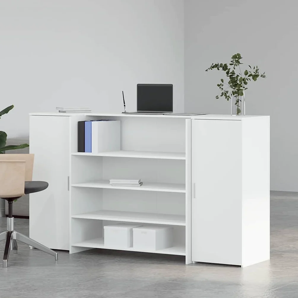 Bancone Reception Bianco 180x50x103,5cm Scrivania da Ufficio | Bancone cassa componibile con 2 mobili contenitori, ideale per hall di hotel, saloni di bellezza e uffici professionali.