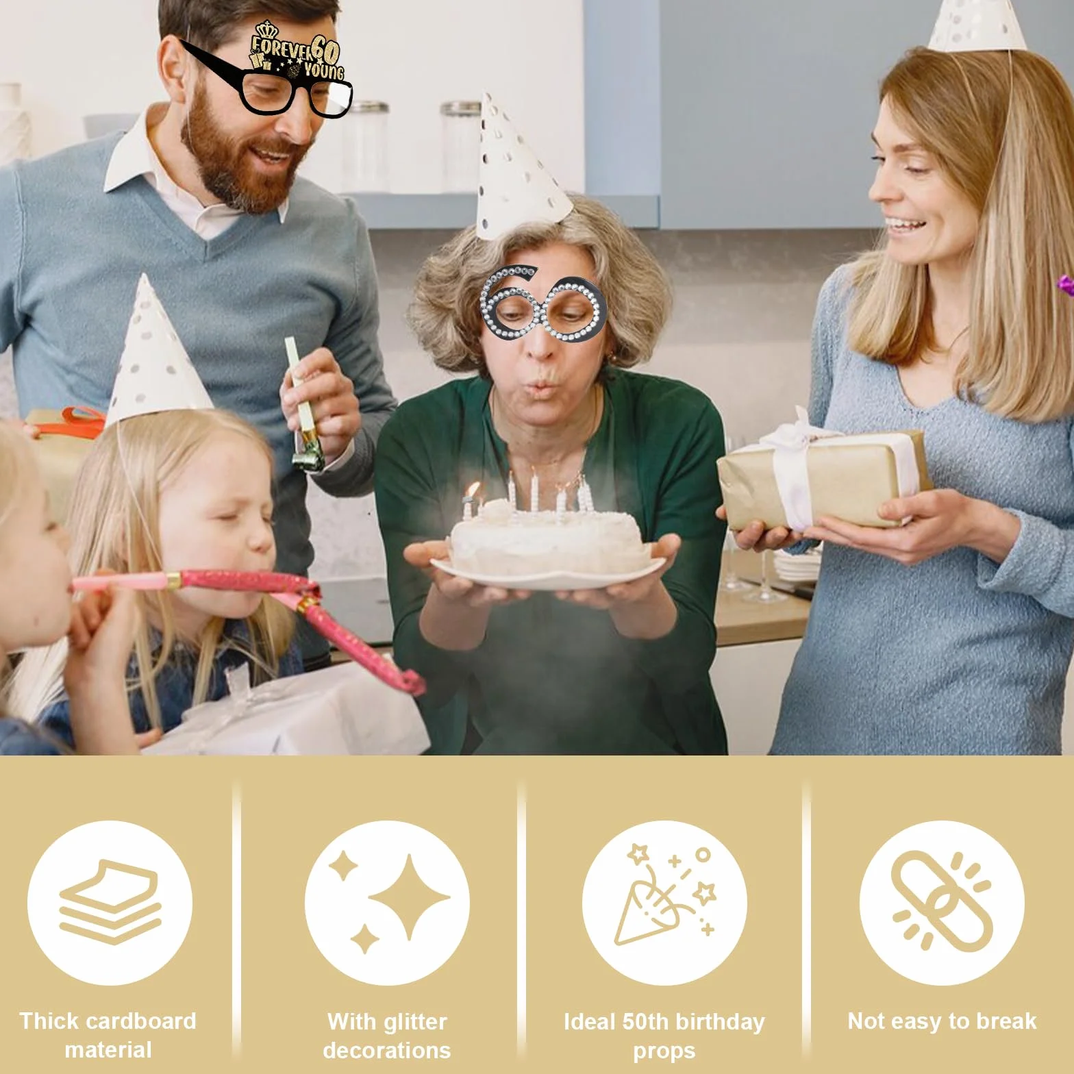 VEGCOO 7 Pezzi Occhiali per Feste di Compleanno con Decorazione di Carta e Occhiali Luccicanti