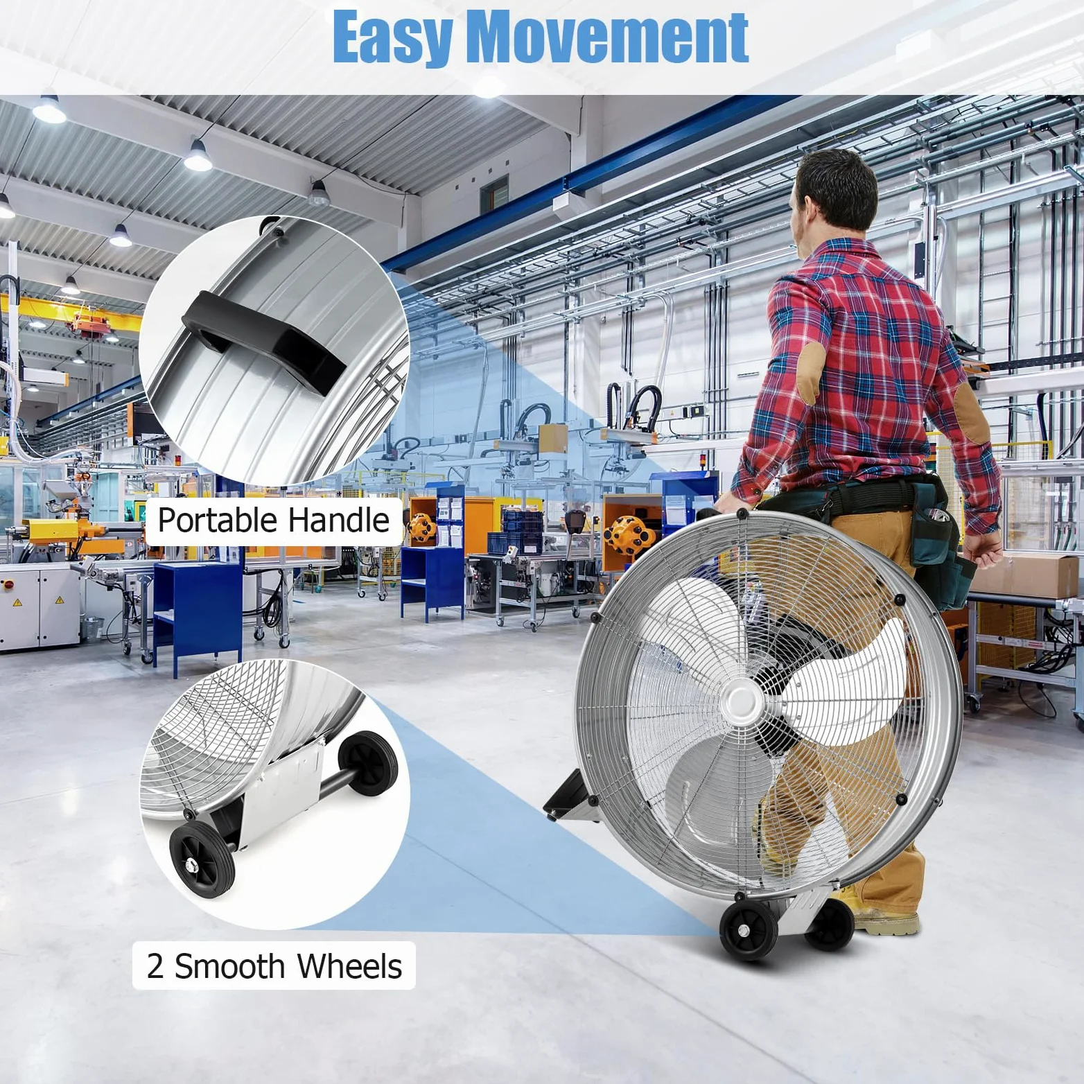 SOARS Ventilatori da Pavimento, 3 Velocità di Vento Regolabili, Ventilatore Industriale in Metallo, 2 Ruote in Gomma, per Magazzino, Officina, Cantina, Ufficio, Ø60 CM (Argento)