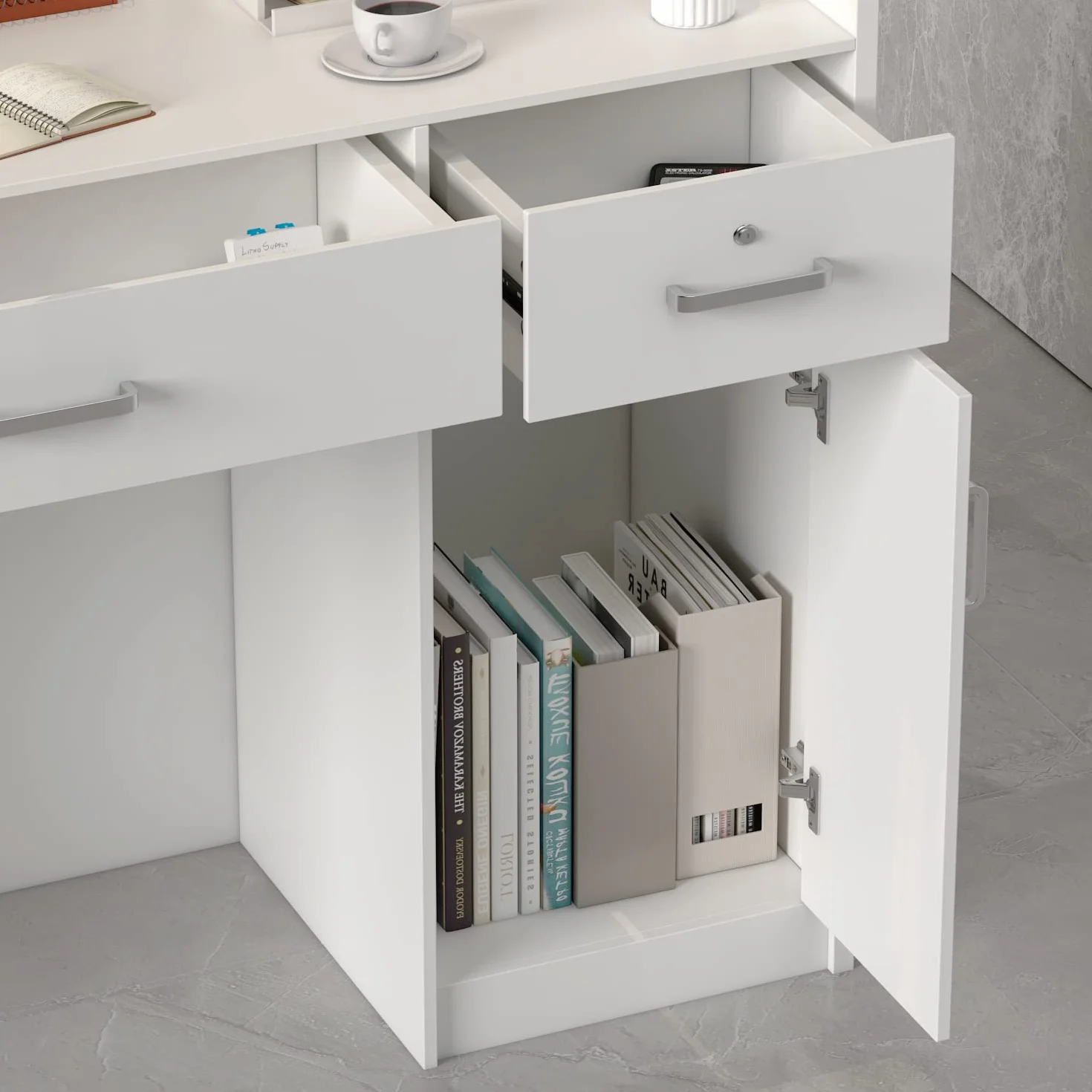 Banco reception, bancone reception, tavolo reception per ufficio con 3 cassetti e ripiani per sale aziendali, reception di hotel, negozi di abbigliamento, bianco 120 cm L x 48 cm P x 110 cm H
