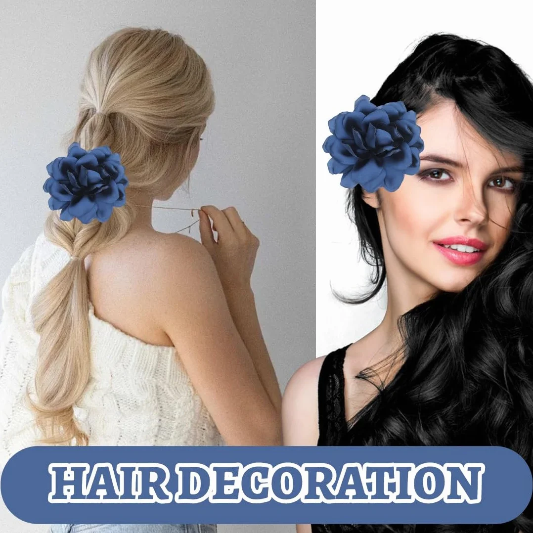 Spilla Fiore Rosa in Raso di Seta per Abiti, Spilla da Bavero Floreale Grande, Fermaglio Capelli Donna, Elegante per Matrimonio Festa Danza (Blu Scuro)