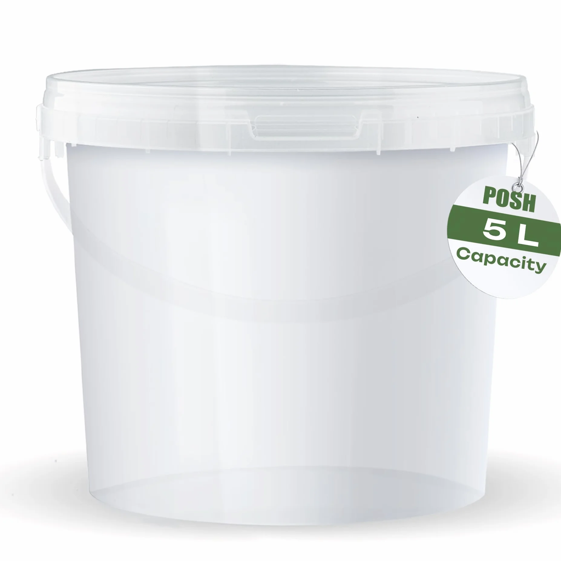 POSH Secchio da 5 litri, in plastica trasparente per uso alimentare, resistente alle perdite, inodore, robusto, stabile, ermetico, secchio con manico (10, 5 l)