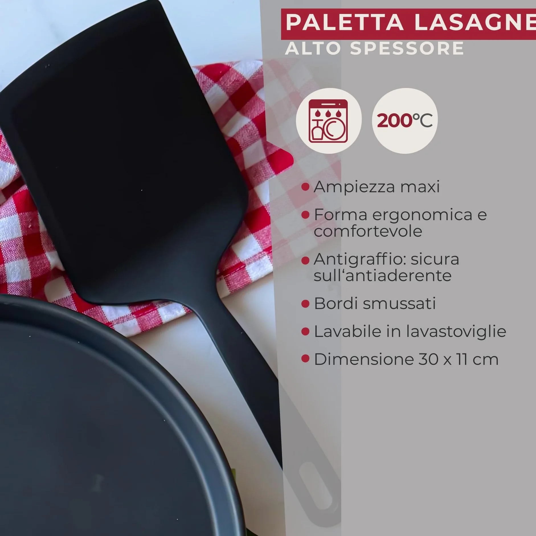 Fackelmann Paletta larga in Nylon 30 x 11 cm antiaderente resistente 200° lavabile in lavastoviglie Nero