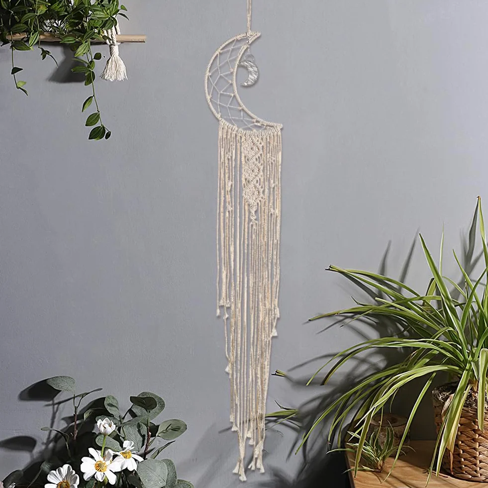 Acchiappasogni a Forma di Luna in Macramè Cotone Bianco Fatto a Mano Bohémien con Nappa Lunga