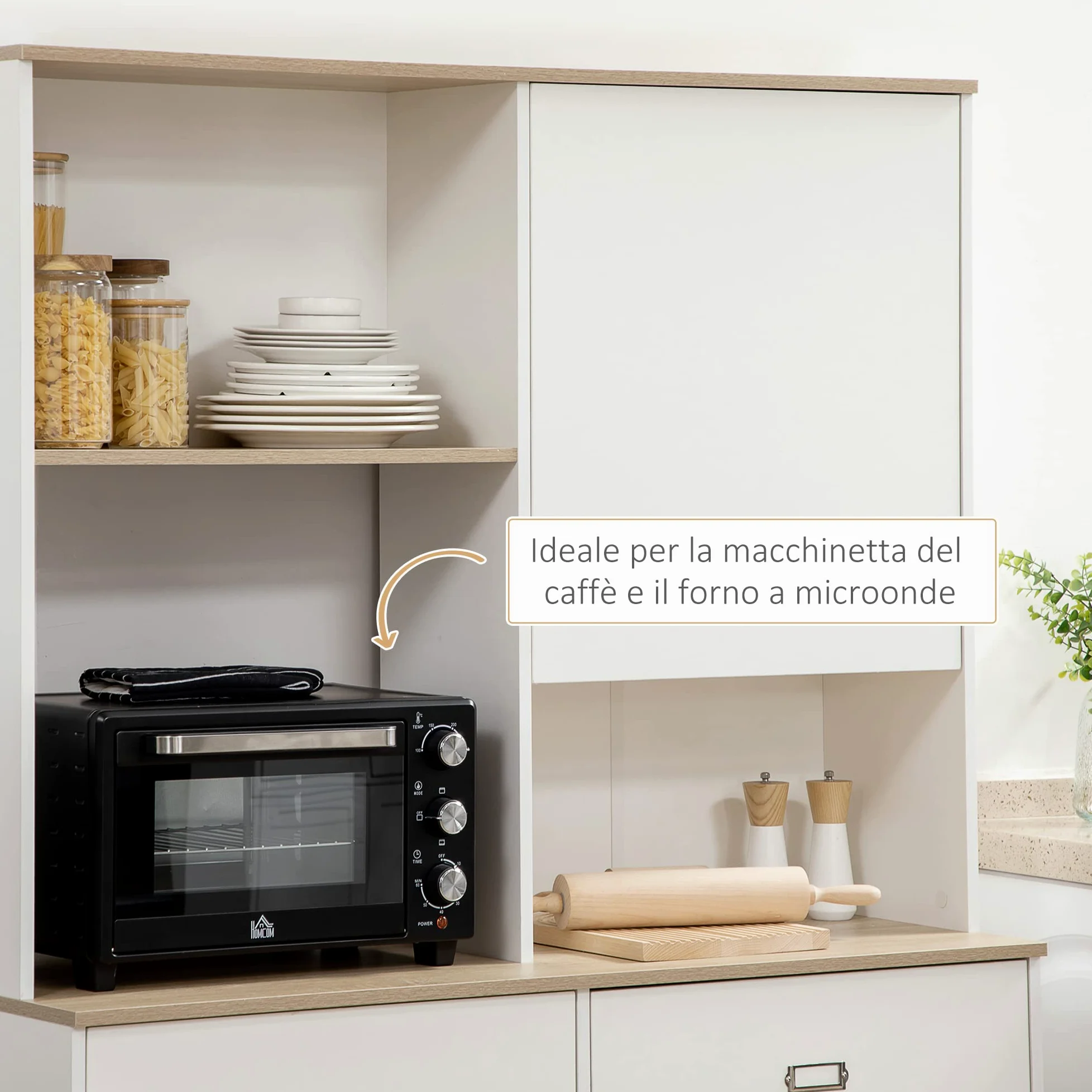HOMCOM Dispensa Cucina in Truciolato e MDF con Ripiani Aperti, Armadietti e Cassetto per Utensili ed Elettrodomestici, 119x41x180 cm, Bianco