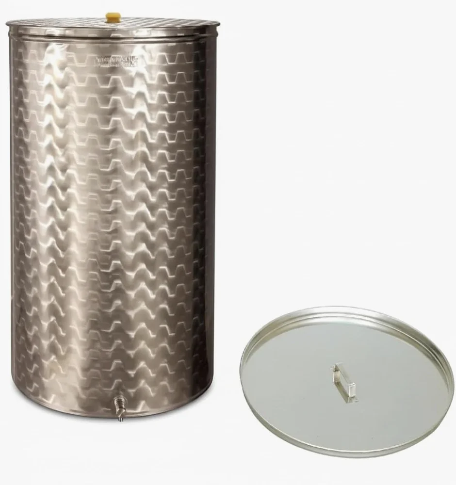Generico Botte, Contenitore Inox per Vino, con Galleggiante AD Olio ENOLOGICO,da LT 50 COMPRESO di Coperchio PARAPOLVERE Inox,GALEGGIANTE AD Olio,Rubinetto Inox, Made in Italy
