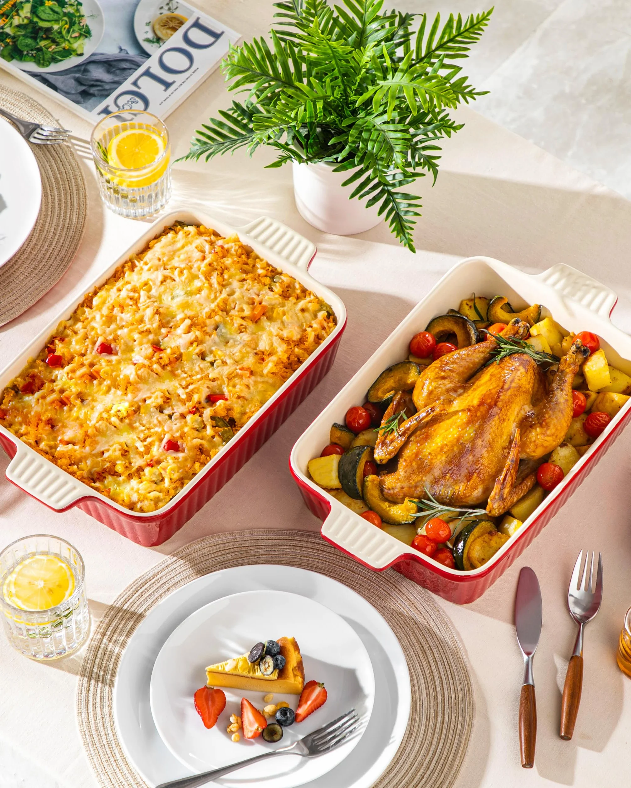 MALACASA Serie BAKE, Teglia Rettangolare in Porcellana da 4200 ml, Grande Teglia con Manici per Gratin e Casseruole, Lavabile in Lavastoviglie, Rosso