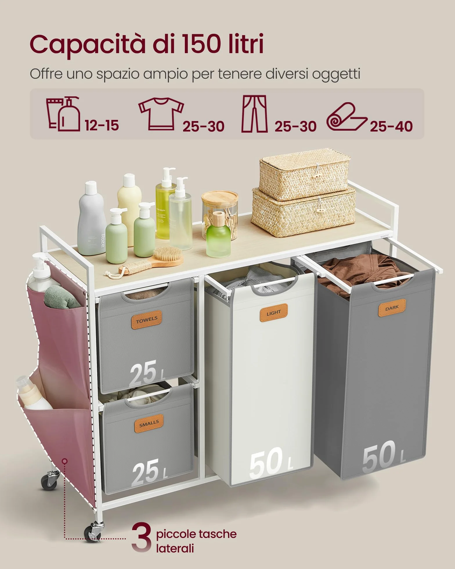 VASAGLE Carrello Portabiancheria 4 Scomparti 150 L con Piano e Sacchi, Beige Naturale Grigio Tortora Bianco Crema
