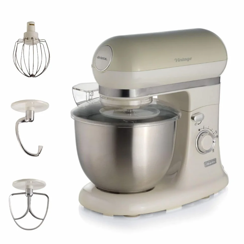 Ariete Impastatrice Vintage 1588, Planetaria per Pane, Pizza, Dolci e Pasticceria, Gancio, Frusta a Cuore e Frusta a Filo Inclusi, Capacità 5.5 Litri, 7 Velocità + Pulse, 1200W, Beige