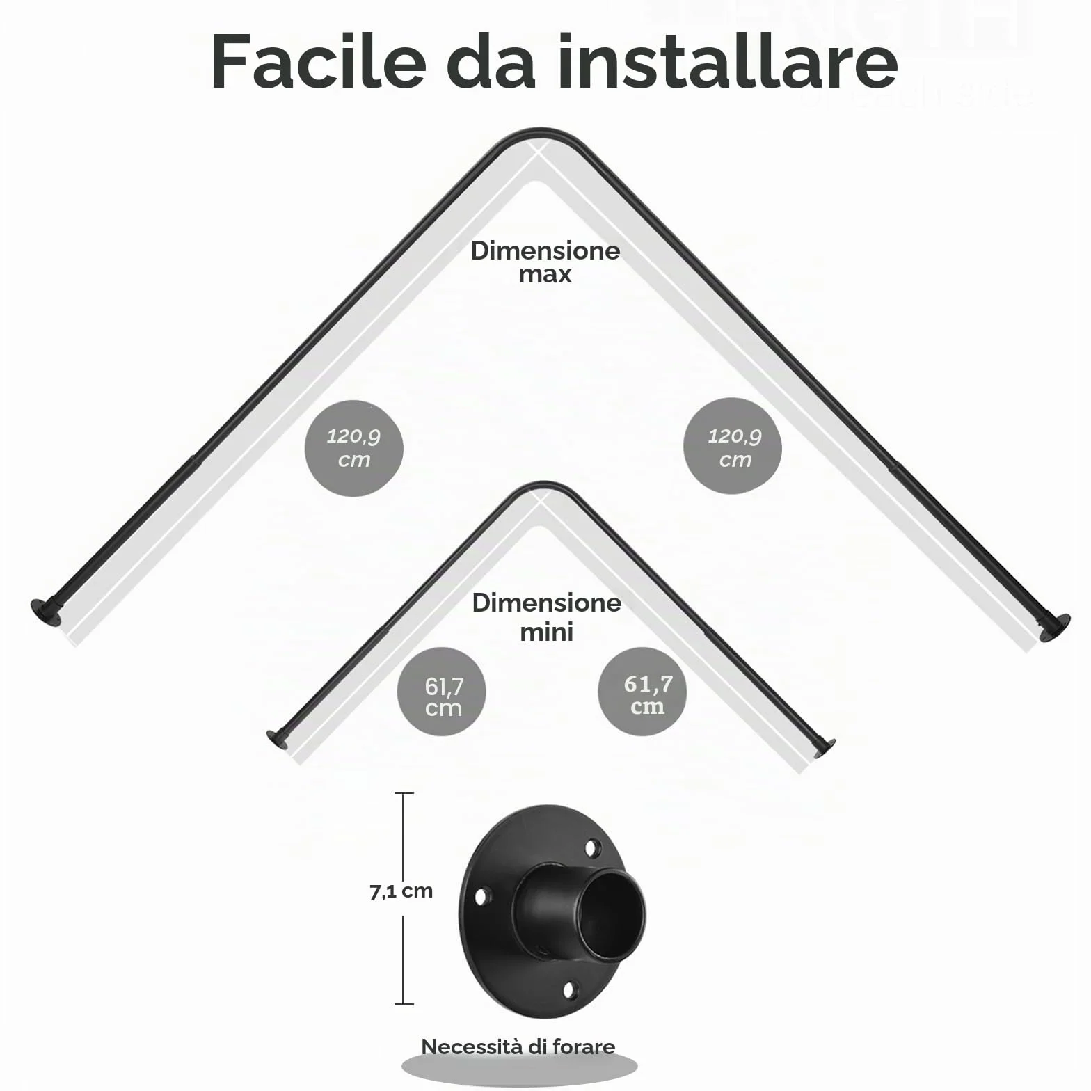 Bastone Tenda Doccia Angolare a L Regolabile 62-121cm x 62-121cm Nero Opaco