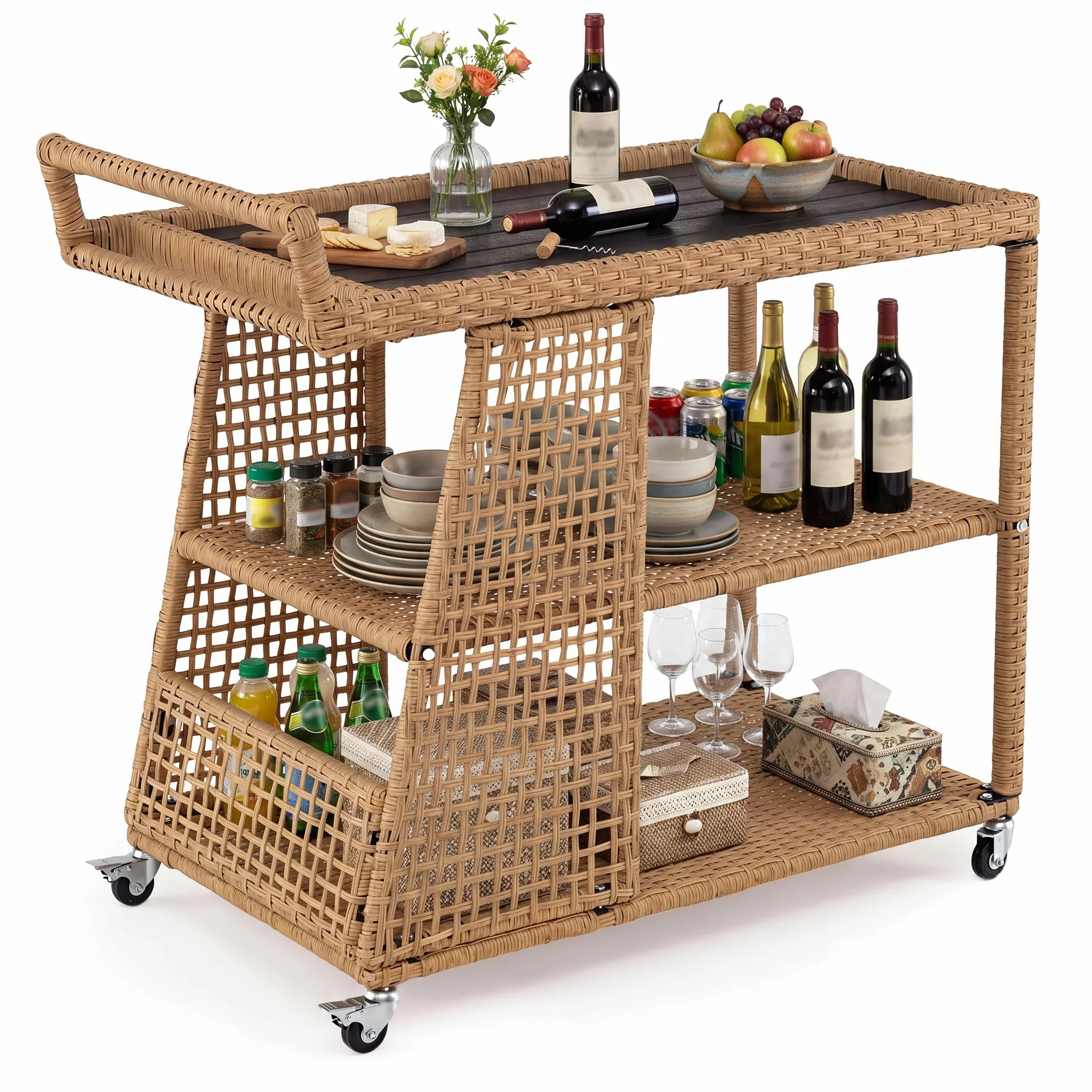 SOARS Carrello Bar in Rattan, Carrello Portavivande con 3 Ripiani Aperti e 4 Ruote, Maniglia Ergonomica, Moderno Carrellino Servizio Esterno Interno per Giardino, Terrazzo, Cucina, 98 X 54 X 92 CM