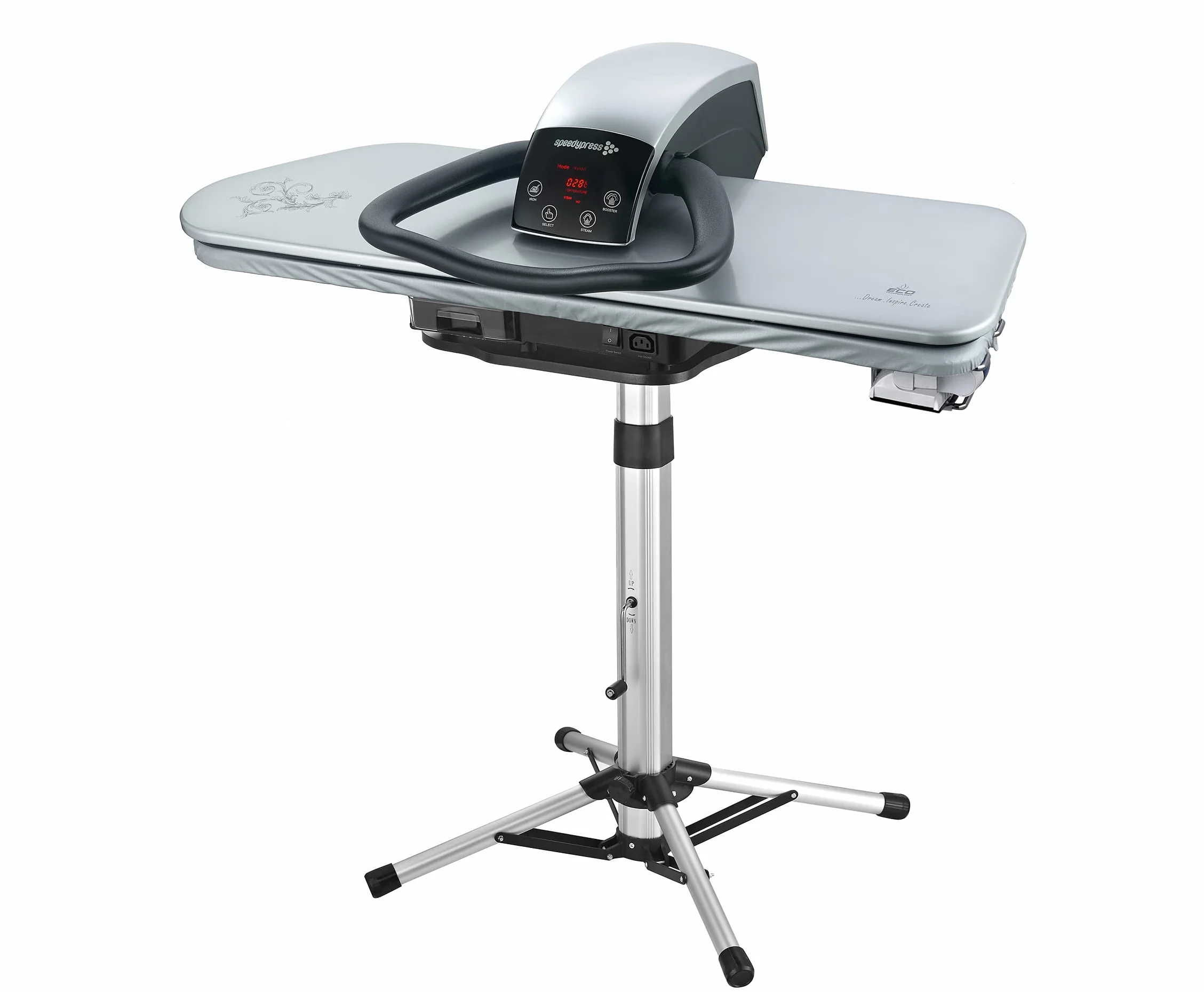 Pressa da Stiro Professionale 101HD ad Alta Resistenza 101cm con Supporto/Piedistallo - Argento (+ Filtro Anti-Incrostazioni GRATUITO per Acqua, Copertura di Ricambio e Schiuma Sottosmaltata)