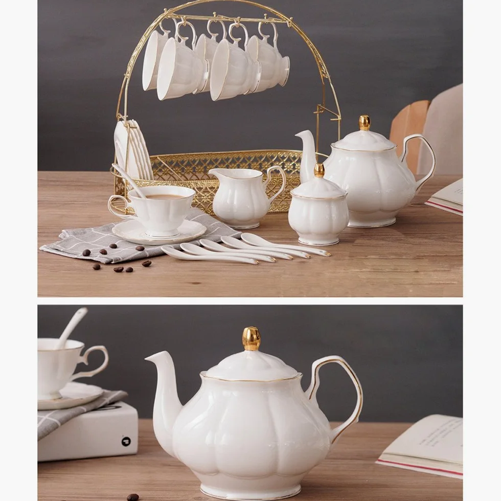 fanquare 15 Pezzi Set da tè in Ceramica Bianca Inglese Semplice,Teiera,Tazze di Porcellana per Osso con Cucchiai di Supporto in Metallo