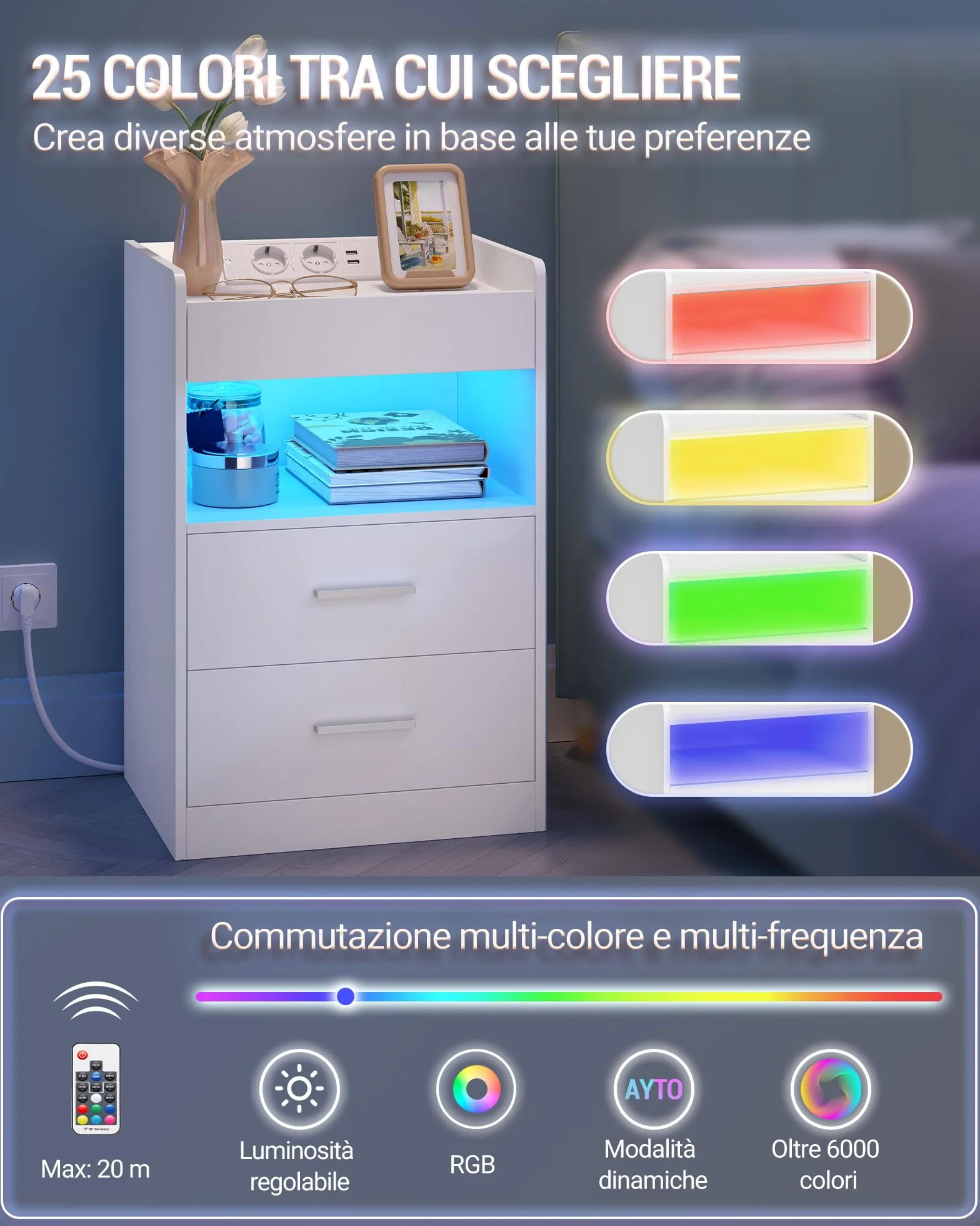 Hzuaneri Comodino Set di 2, Comodini Camera da Letto con Luce LED e Stazione di Ricarica, 2 Cassetti, Tavolino con vassoio, 35 x 40 x 60 cm, Soggiorno, Bianco NS33603XEU