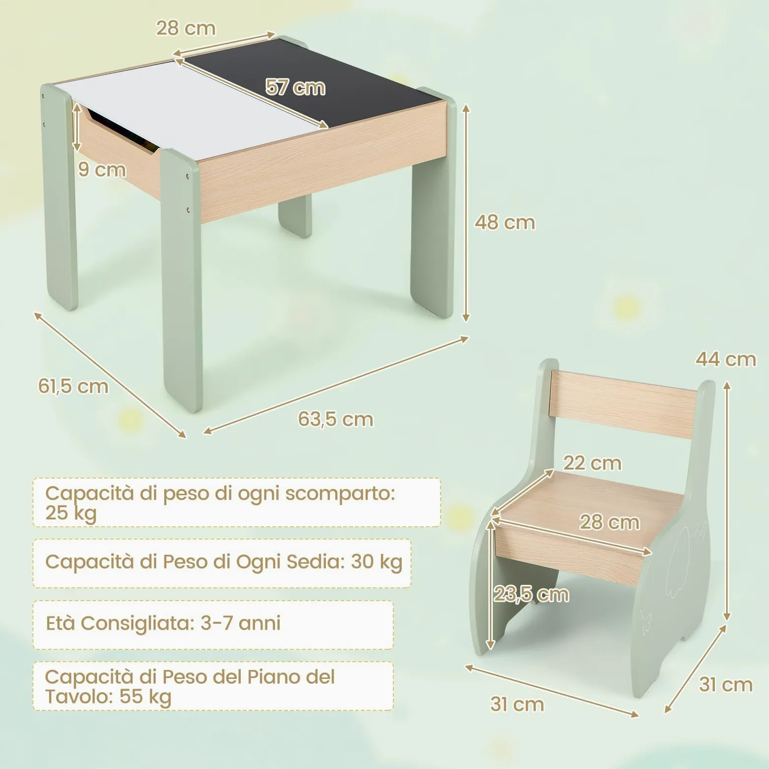 RELAX4LIFE 3 in 1 Tavolino Bambini, Set Tavolo per Bambini e 2 Sedie in Legno, Tavolino Legno con Piano a Doppia Faccia (Lavagna Bianco/Nero) per Giocare, Disegnare e Conservare, per Cameretta (Verde)