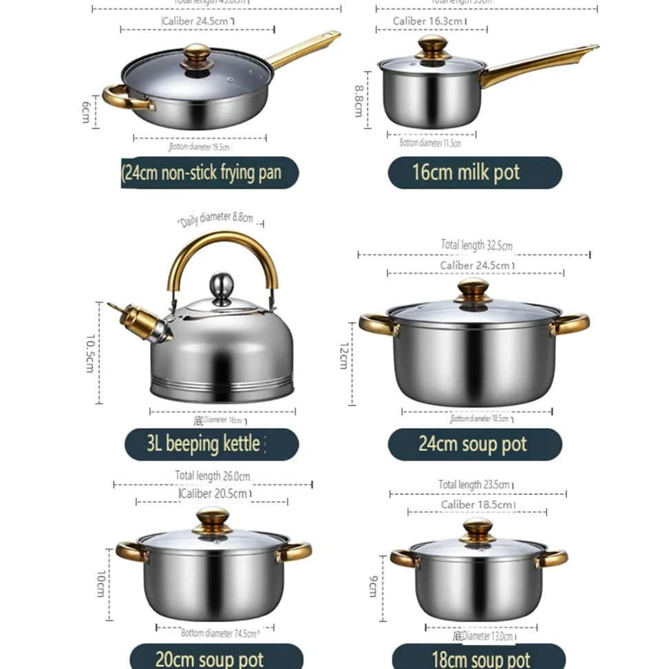 Set di Pentole in Acciaio Inossidabile da 12 Pezzi, 6 Tipi di Pentole da Cucina, Padella, Pentola per Zuppa, Pentola per Latte, Bollitore, Set di Pentole, Bollitore B, 12(Kettle B-12 pc)