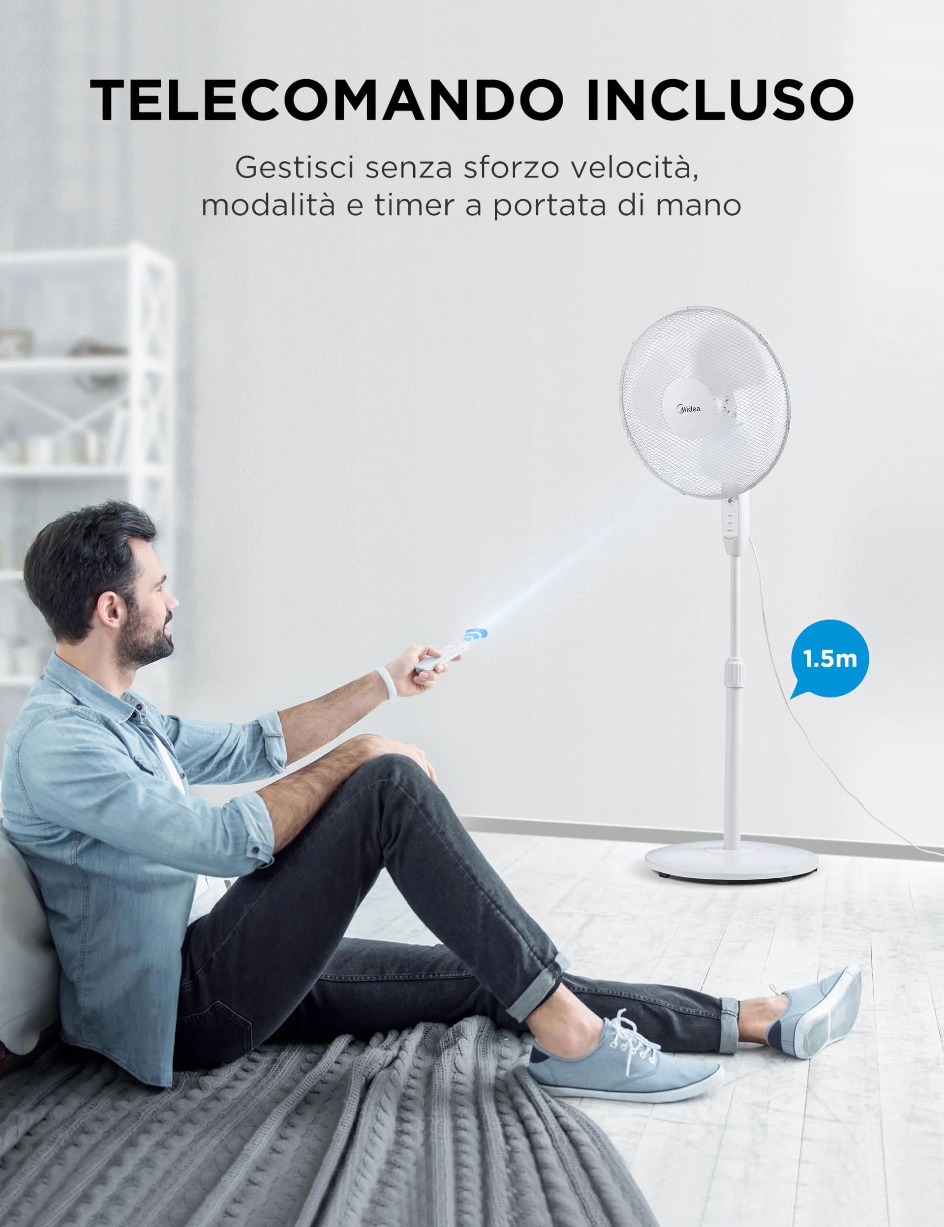 Midea MFS400M0APW0 Ventilatore a Piantana 40W Telecomando Altezza Regolabile 1,1-1,3m Bianco