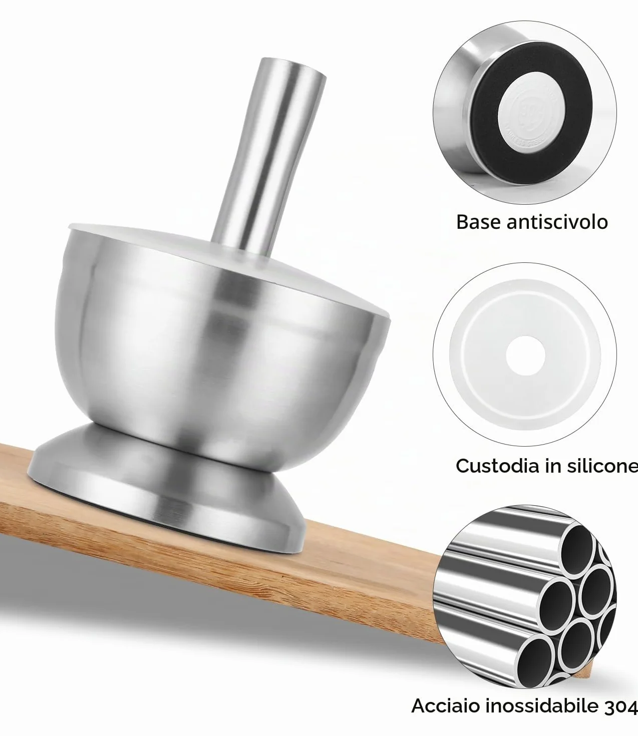 Set di Mortaio con Pestello da 350 ml in Acciaio Inox con Spazzola, Cucchiaio e Coperchio in Silicone, Macinino per Spezie di Qualità Superiore, Frantumatore e Ciotola per la Vaniglia