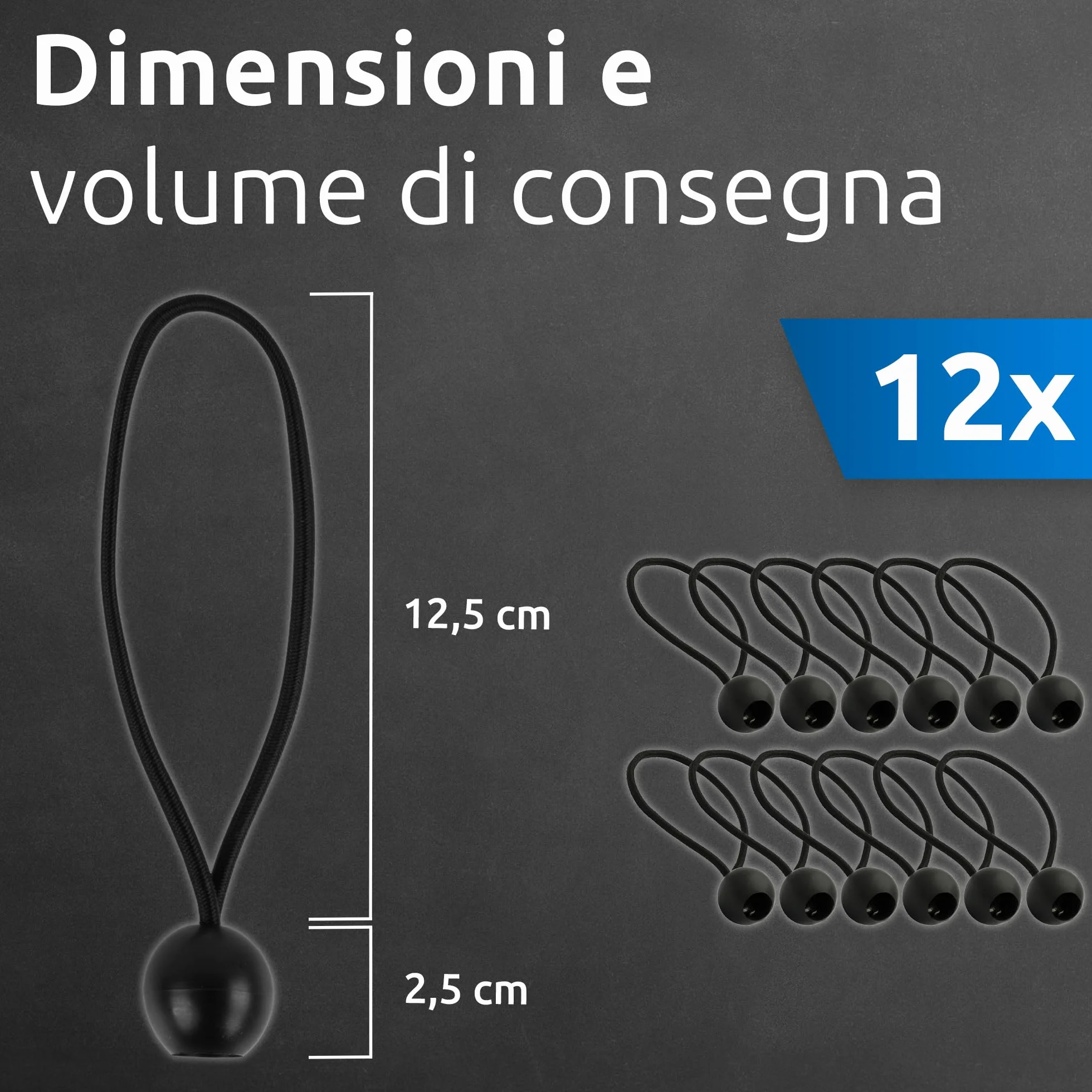 ECENCE 12 Corde elastiche con sfera, Set di elastici tenditori per teloni, anelli espansori con gancio a sfera in plastica, elastici di fissaggio per tende e coperture, Nero