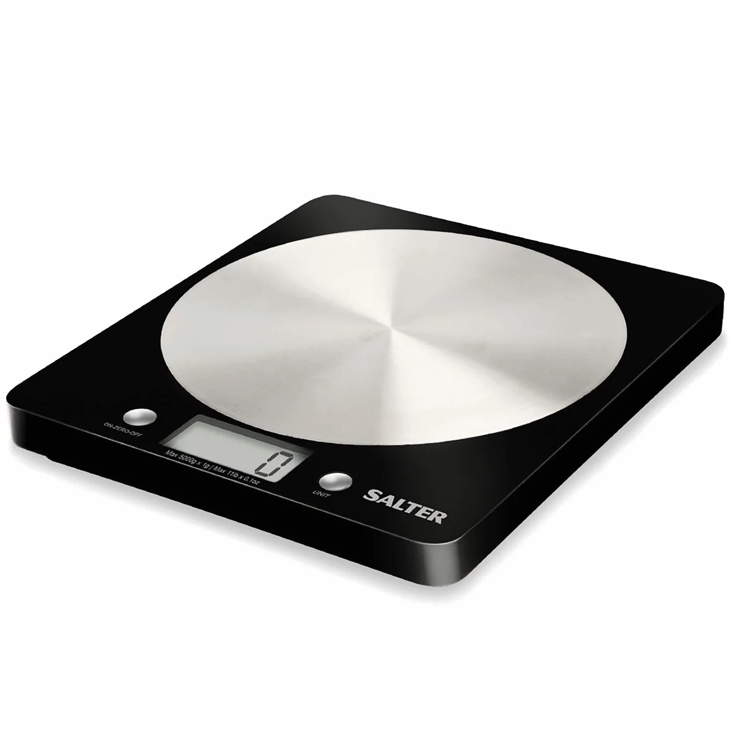 Salter 1036 BKSSDR - Bilancia elettronica a disco, vista in TV, design elegante e sottile, piattaforma in acciaio inox filato, aggiungi e pesa liquidi, capacità max di 5 Kg, Nero/cromato