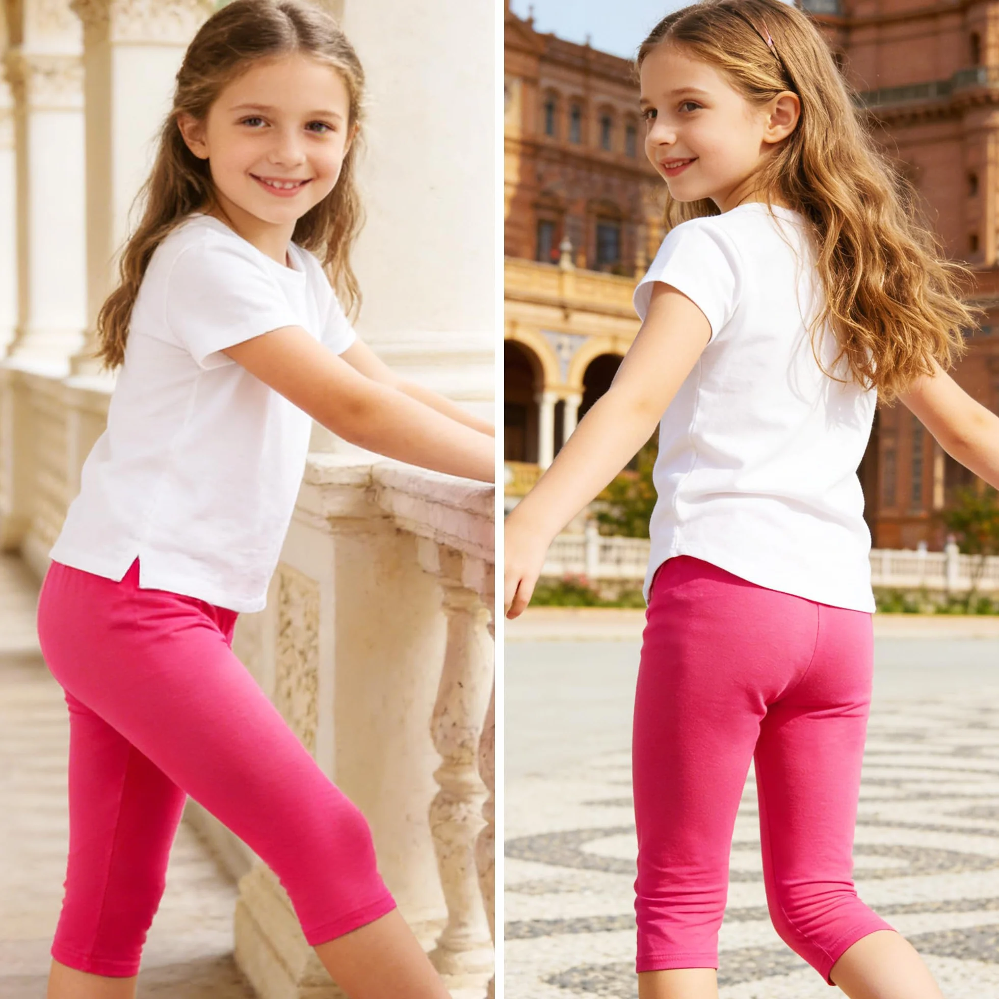 Leggings Bambina 3/4 Cotone Pacco da 2 Ragazza Morbidi Traspiranti Elasticizzati Capri Estivi Ginnastica Casual Tinta Unita 6-13 Anni