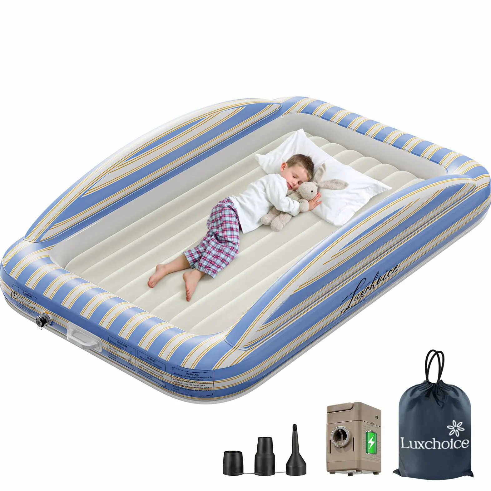 Luxchoice Materasso Gonfiabile Singolo per Bambini con Pompa Elettrica - Letto Gonfiabile con Sponde di Sicurezza Superficie Morbida Floccata Perfetto per Viaggi Campeggio e Uso Domestico