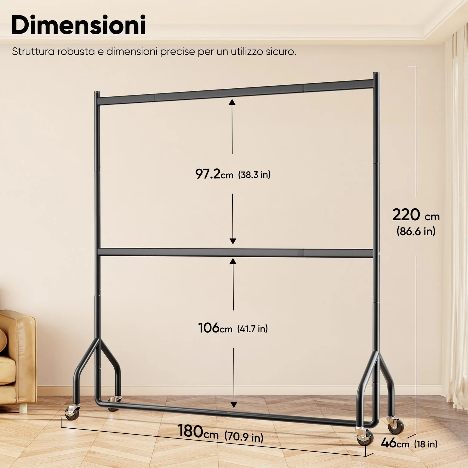 HOKEEPER Portavestiti Doppio Resistente a Carichi Pesanti con Grande Capacità, Organizzer di Armadio con Ruote per Boutiques, Camera da Letto, Lavanderia - 180cm