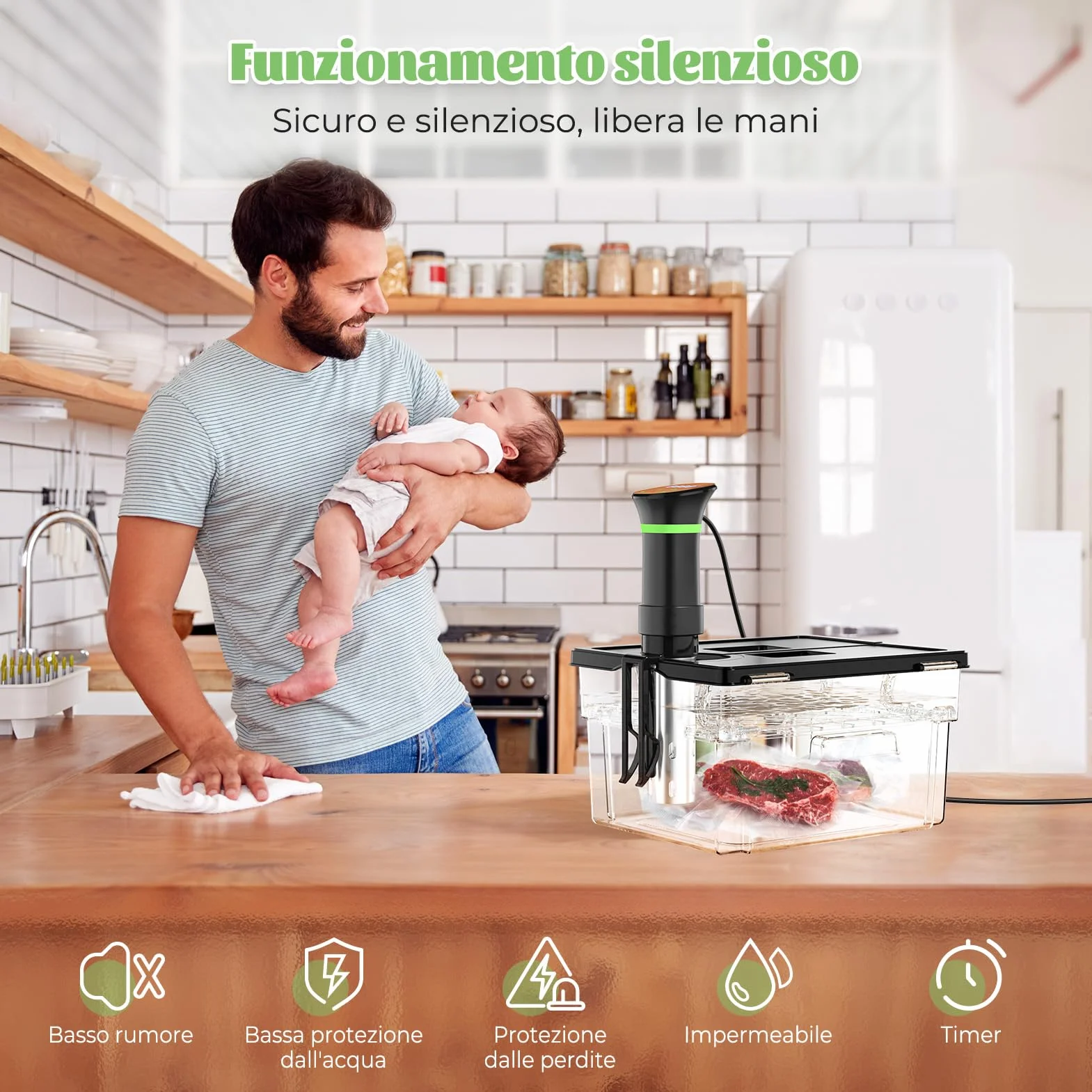 Roner Sous Vide Professionale Cucina a Bassa Temperatura 1000W 25-92,5℃ Timer LCD