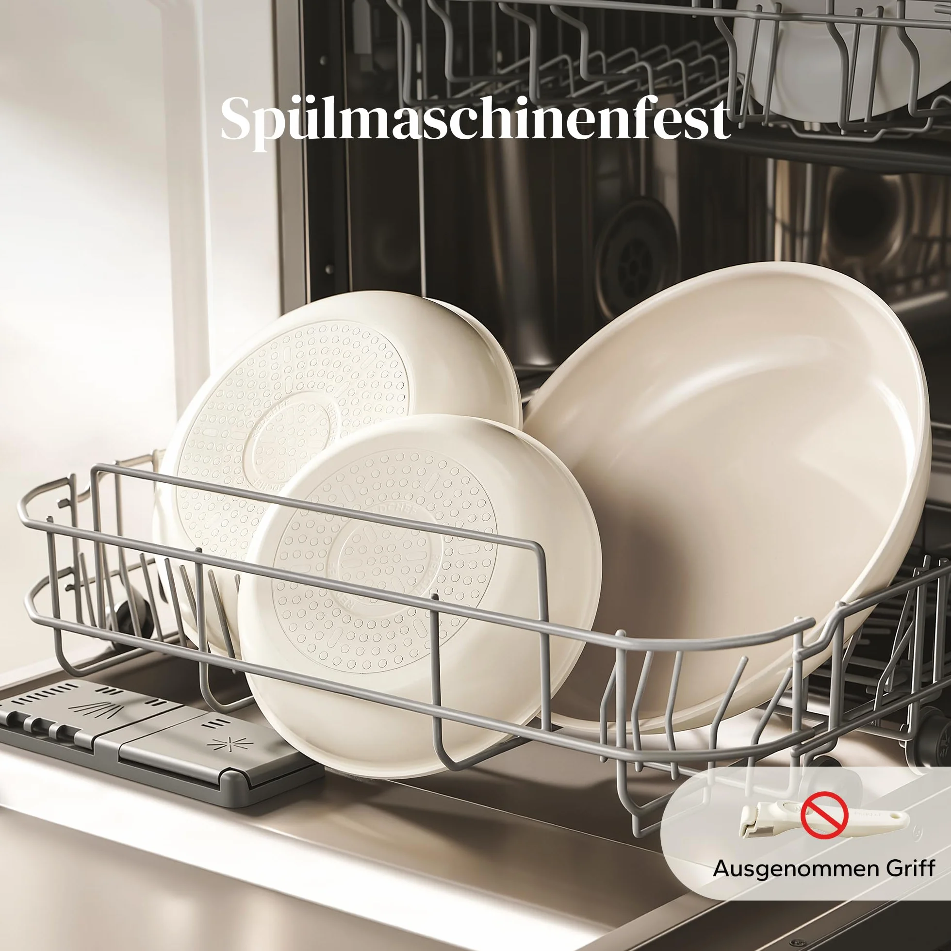 Redchef Set di Padelle con Manico Rimovibile, Padella in Ceramica con Antiaderente in Granito, Adatto All’Induzione, Padella 20, 24, 28 cm, Salvaspazio, Senza Ptfe & Pfoa & Pfas, Beige
