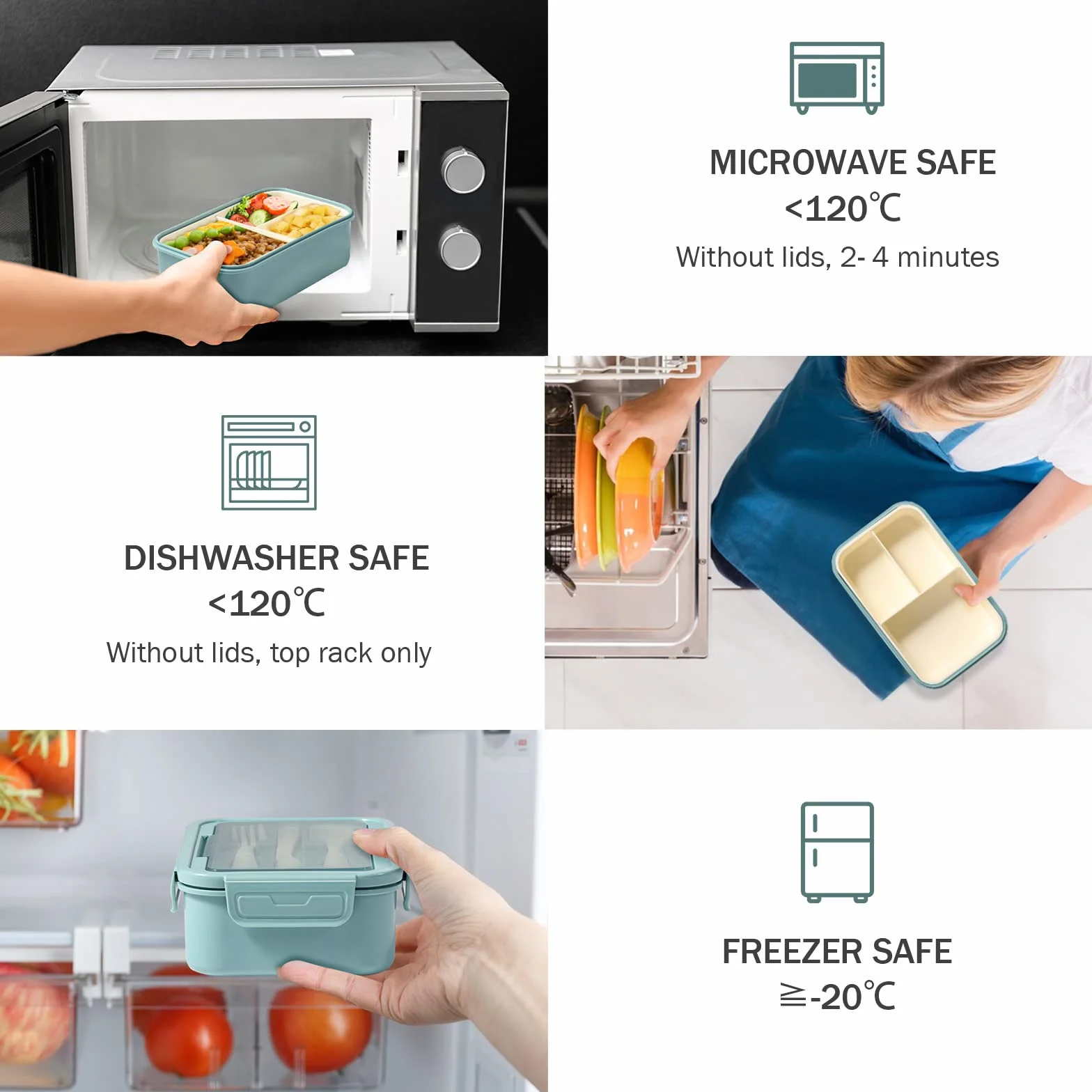 Diboniur Porta Pranzo 1400ml Lunch Box Bento con 3 Scomparti Ermetico per Microonde Ufficio Lavoro Picnic (Azzurro)